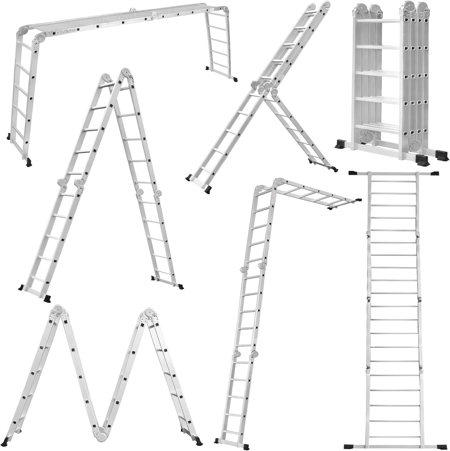 LARS360 7-in-1 Multi-Purpose Ladder, 580 cm, Aluminium, 4 x 5 Steps, Folding, Joint, Household Ladder with Platform and Wheels, Stepladder, Maximum