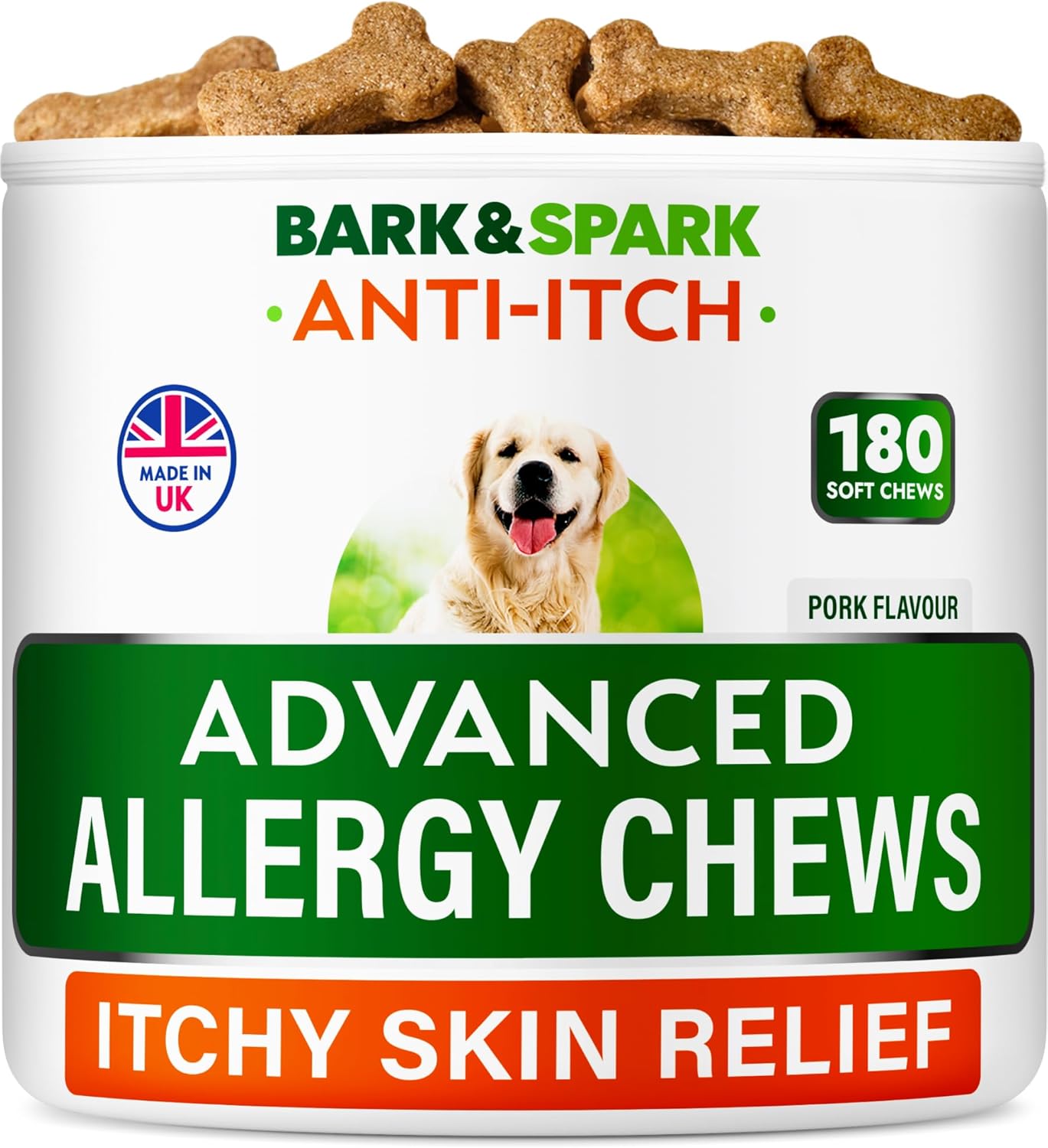 BARK&SPARK Dog Itch & Allergy Support Chews - Skin & Coat Supplement - Omega 3 Fish Oil -Itching & Paw Licking - Dry Skin & Hot Spots - 180ct - Pork