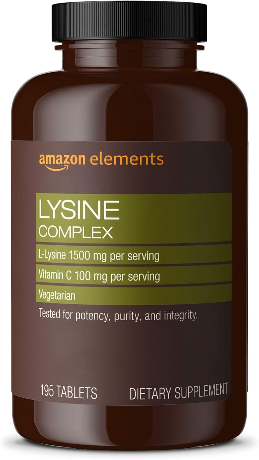 Amazon Elements Lysine Complex with Vitamin C for Immune Health Support, Vegetarian, 65 Servings, 195 Count (Packaging may vary)
