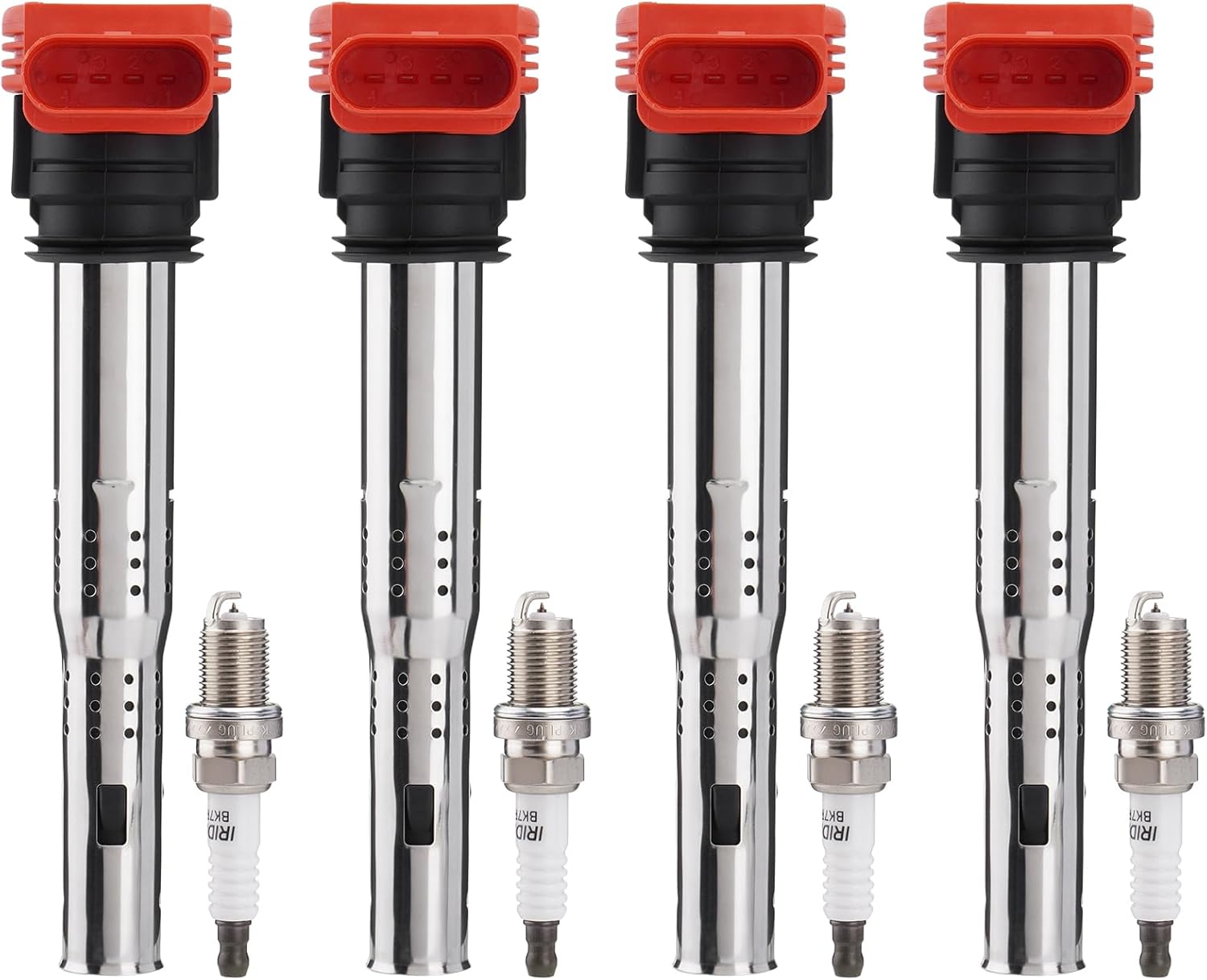 Ignition Coil Packs UF529 & Spark Plugs Set of 4, Compatible with Volkswagen MK5 MK6 GTI Jetta Golf Passat Tiguan Audi A3 A4 A5 A6 A7 Q5 Q7 R8 S4 S5 06-16 2.0T 3.0T 2.5L 3.2L 4.2L 5.2L