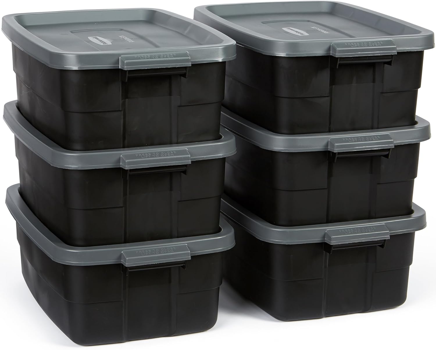 Rubbermaid Roughneck Tote 10 Gal, 6 Pack, Made in USA, Black & Gray, Rugged Plastic Stackable Storage Bins with Lids and Handles