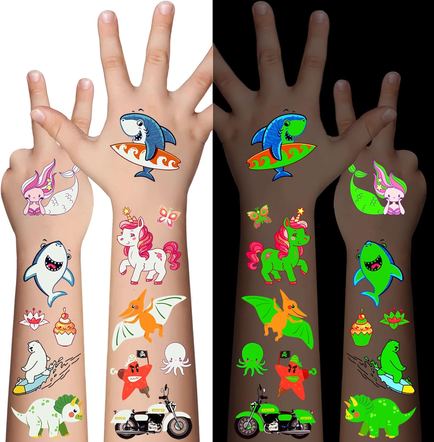 Awinmay 310 Pcs Luminous Temporary Tattoos for Kids,Mixed Styles Glow In The Dark Tattoos for Boys and Girls,Butterfly Dinosaur Pirate Mermaid Fake Tattoo Stickers,Glow Party Supplies Arts and Crafts