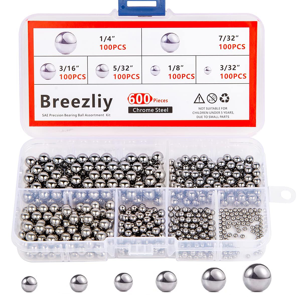 Breezliy 600 Piece 6 Sizes Assorted Loose Bicycle Bearing Balls 1/4" 7/32" 3/16" 5/32" 1/8" and 3/32"