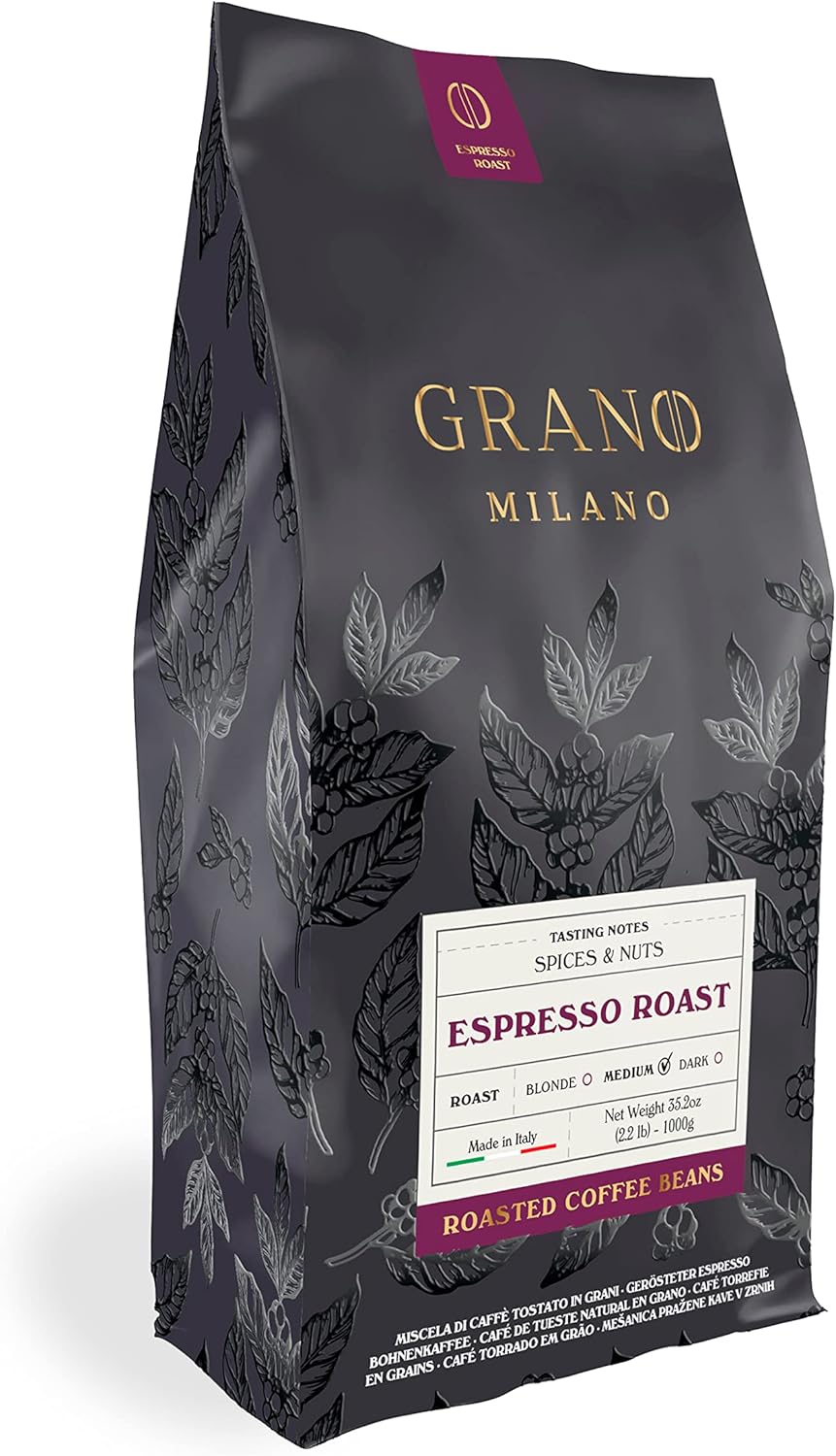 Grano Milano Coffee Beans 1kg Espresso Roast 80% Robusta, Medium Roast Intensity 4/5 Strong Coffee, Made in Italy