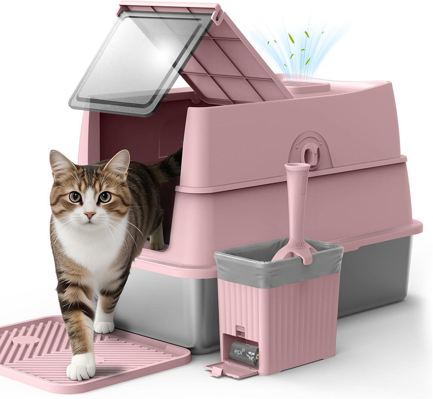 FURTIME XXL Stainless Steel Cat Litter Tray with Lid(3-in-1), Cat Litter Box High Sided, 58cm Enclosed Metal Extra Large Litter Tray for Big Cat, with Scoop, Storage Box and Mat, 58x38x38cm(Pink)