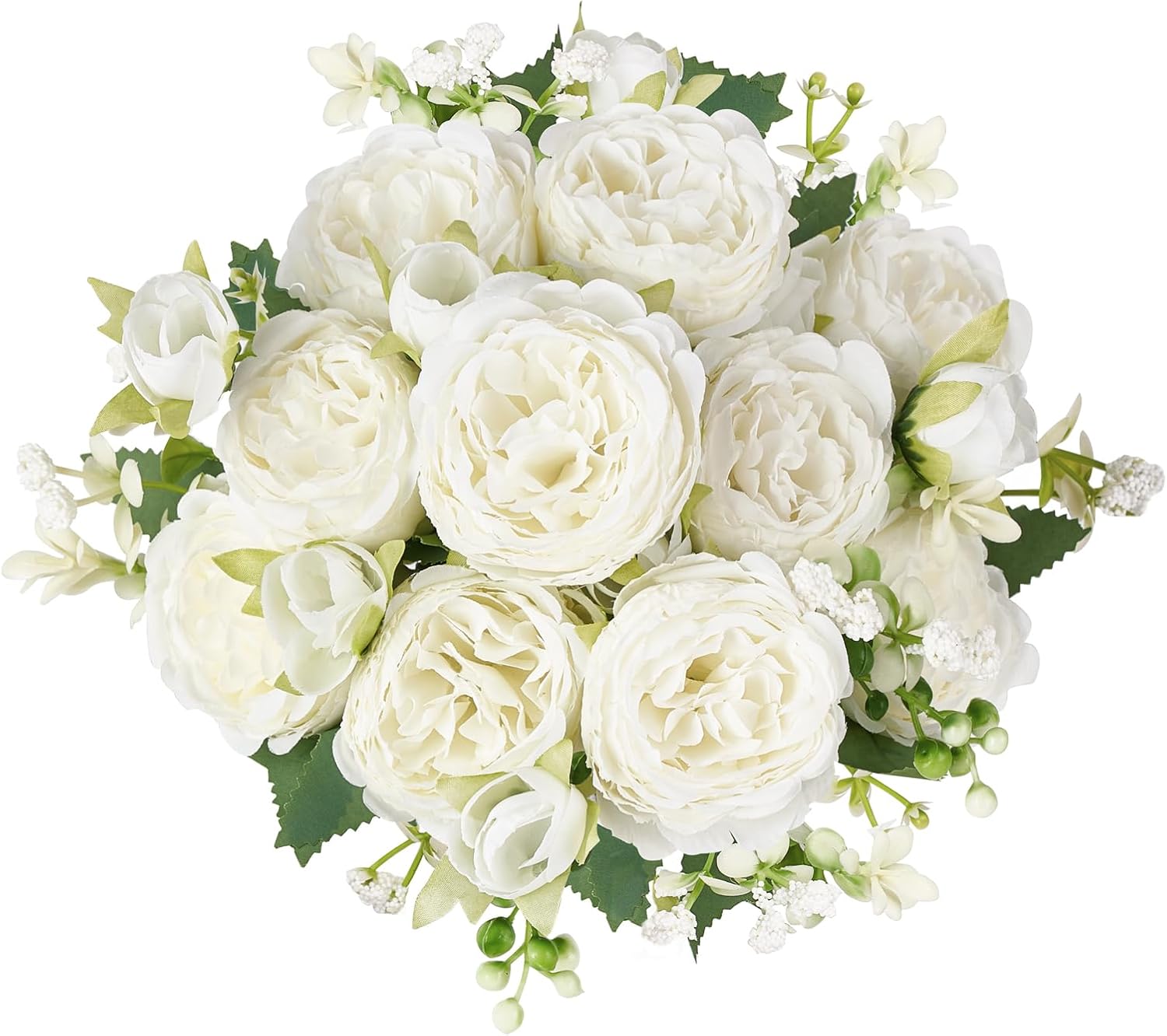 Mkono Peonies Artificial Flowers, Small Silk Flowers for Home Decor Indoor Fake Bouquet Faux Floral Arrangements Dining Table Centerpieces for Kitchen Bridal Wedding Party Decor White