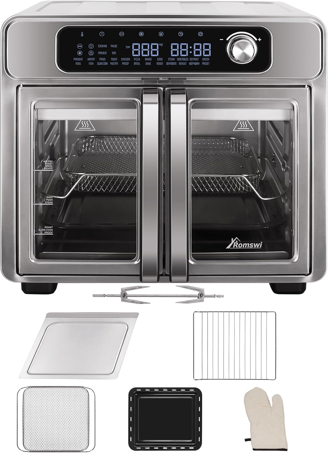 Extra Large French Door Air Fryer Toaster Oven Combo, 24 Cooking Functions and Digital Controls, 6 Accessories Included, Stainless Steel Finish, 26QT Capacity, Fits 12" Pizza, Rotisserie 6lb Chicken
