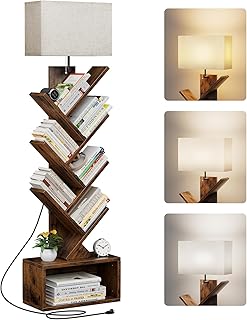6 Tier Tree Bookshelf with Light, Small Bookcase Tower for Books/CDs/Movies, Tall Floor Standing Book Organizer with Storage Cabinet for Living Room, Bedroom & Home Office, Rustic Brown