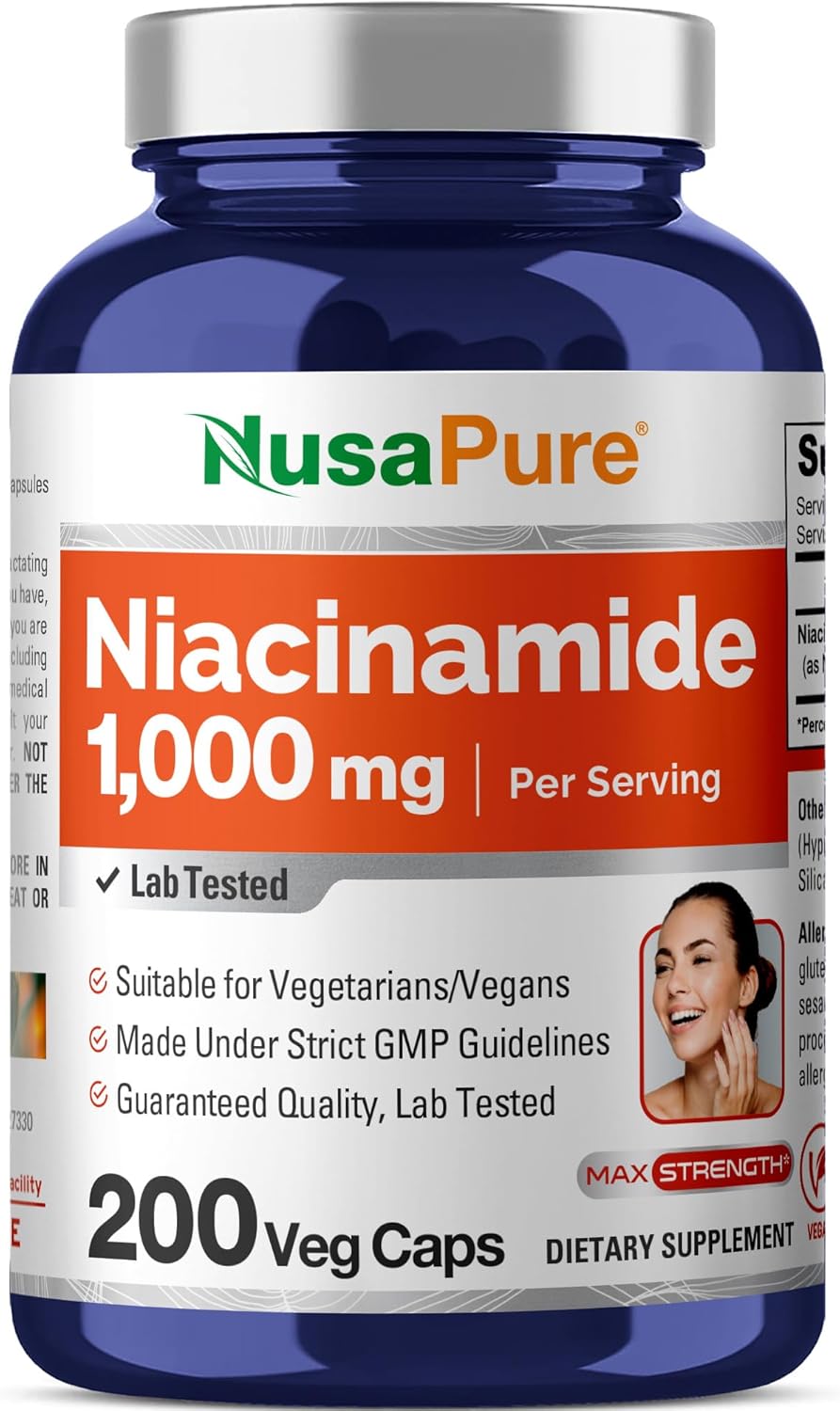 NusaPure Niacinamide 1000mg 200 Veggie Capsules (Non-GMO, Vegan) Flush Free