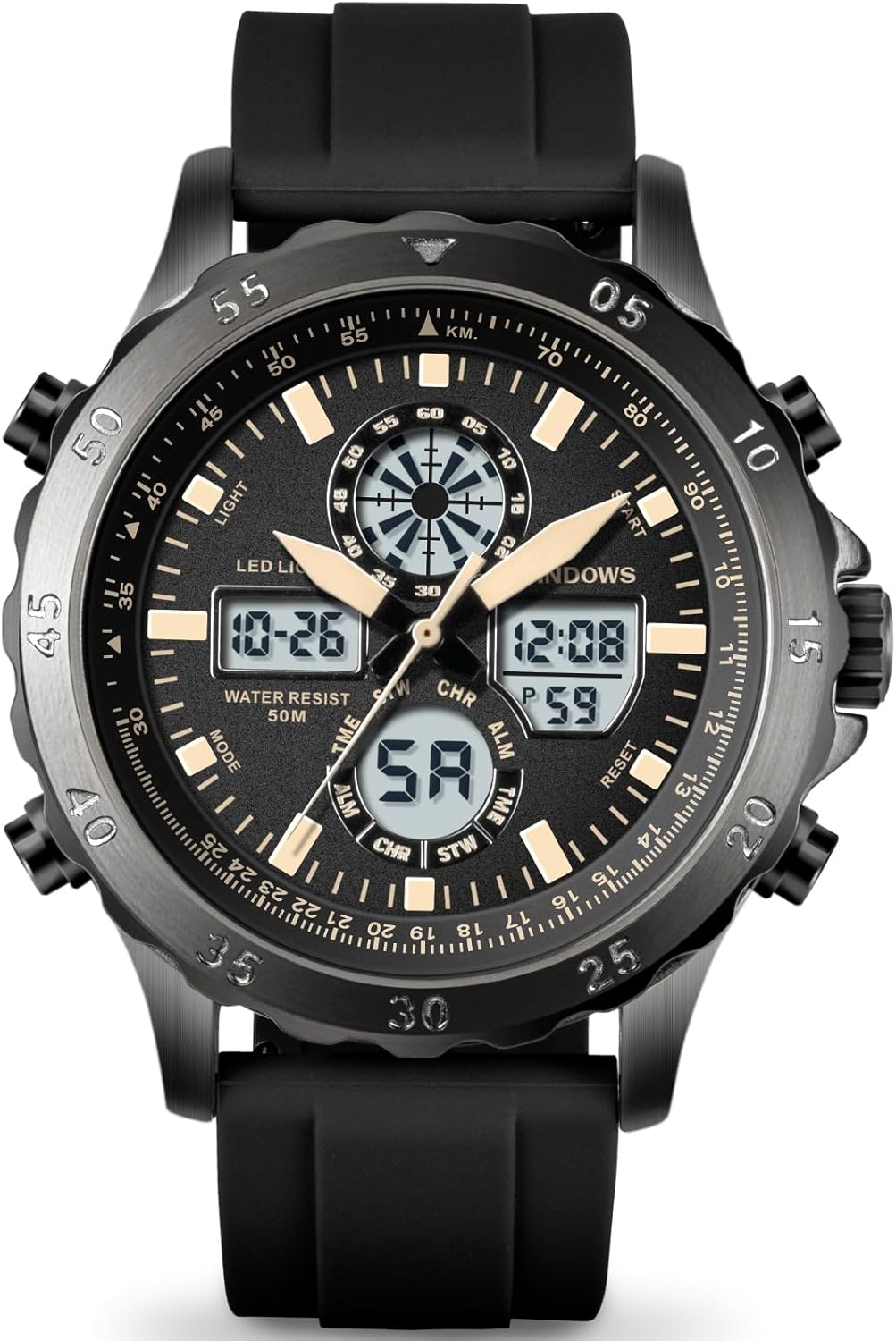 PINDOWS Watches for Men, Waterproof Analog Digital Sport Watches Multifunctional Outdoor Watch LED Backlight, Alarm Stopwatch Calendar.