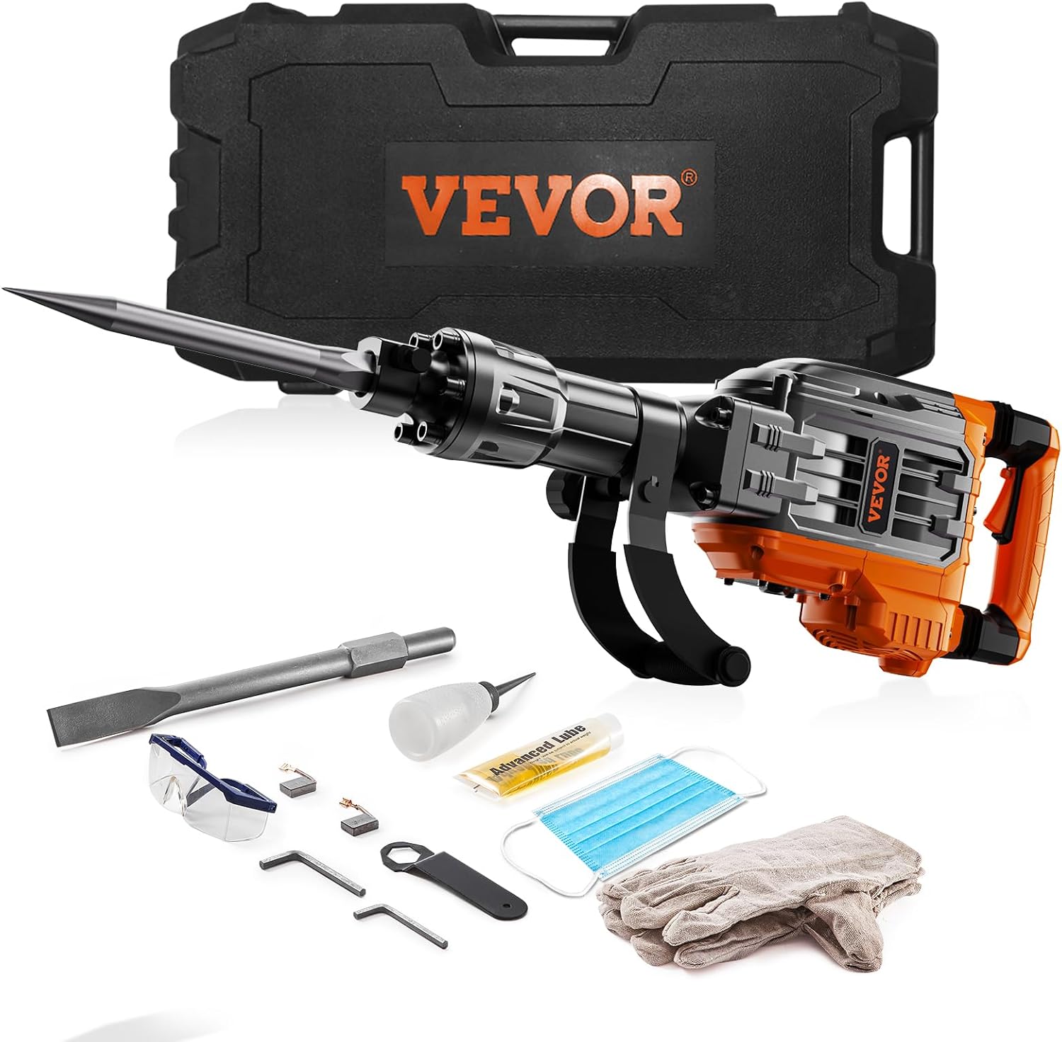 VEVOR 3500W Electric Demolition Hammer, 1900 BPM Durable Jack Hammer, Concrete Breaker with 2 Chisels, Gloves, and a 360° Rotatable Handle for Efficient Trenching, Black
