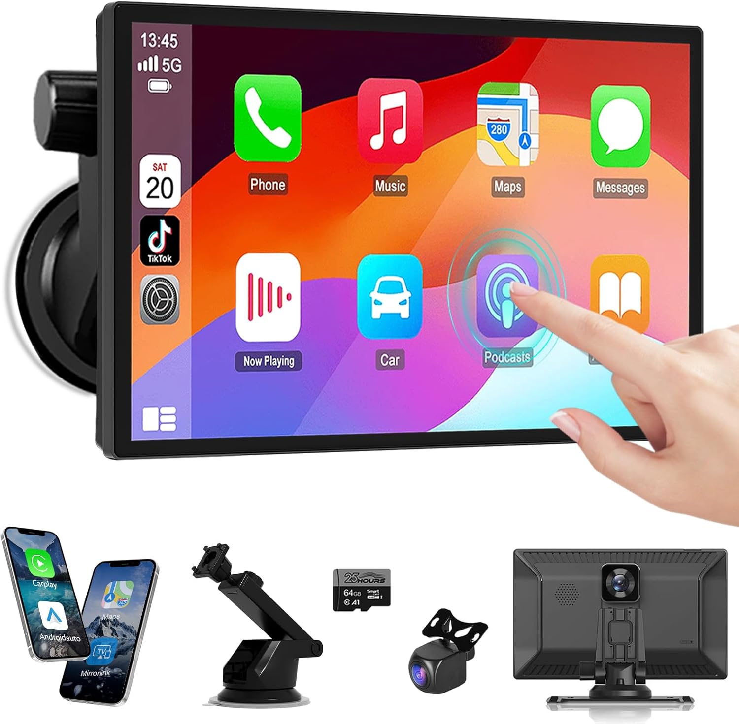 Carplay Screen for Car, 9" HD Wireless Apple Carplay & Android Auto Screen, with 4K Dash Cam & 1080P Backup Camera, Upgrade Car Play Touchscreen, GPS Navigation/Voice Control/Mirror Link/Bluetooth/FM