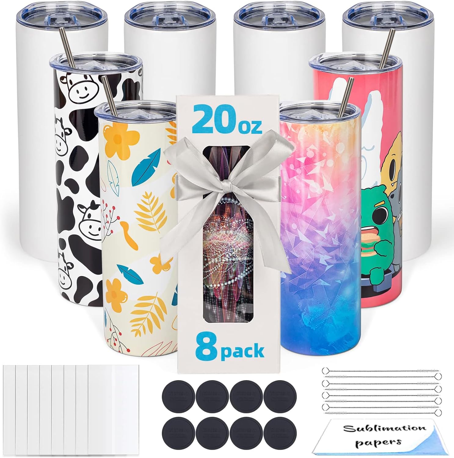 8 Pack 20oz Sublimation Tumbler Blanks Skinny Straight in Bulk, Stainless Steel Insulated Sublimation Tumbler with Polymer Coating for Heat Transfer, With Lid, Straw, ribbon, Gift box