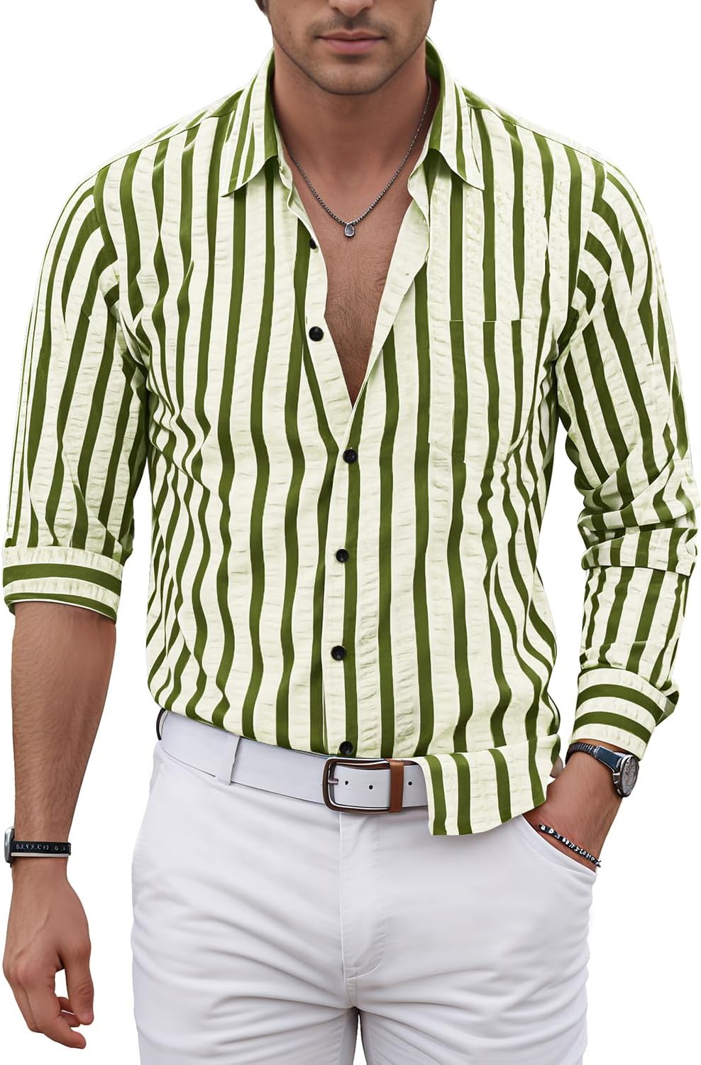 VATPAVE Men's Casual Stylish Striped Shirt Long Sleeve Button Down Shirt Regular Fit Dress Shirt with Pocket