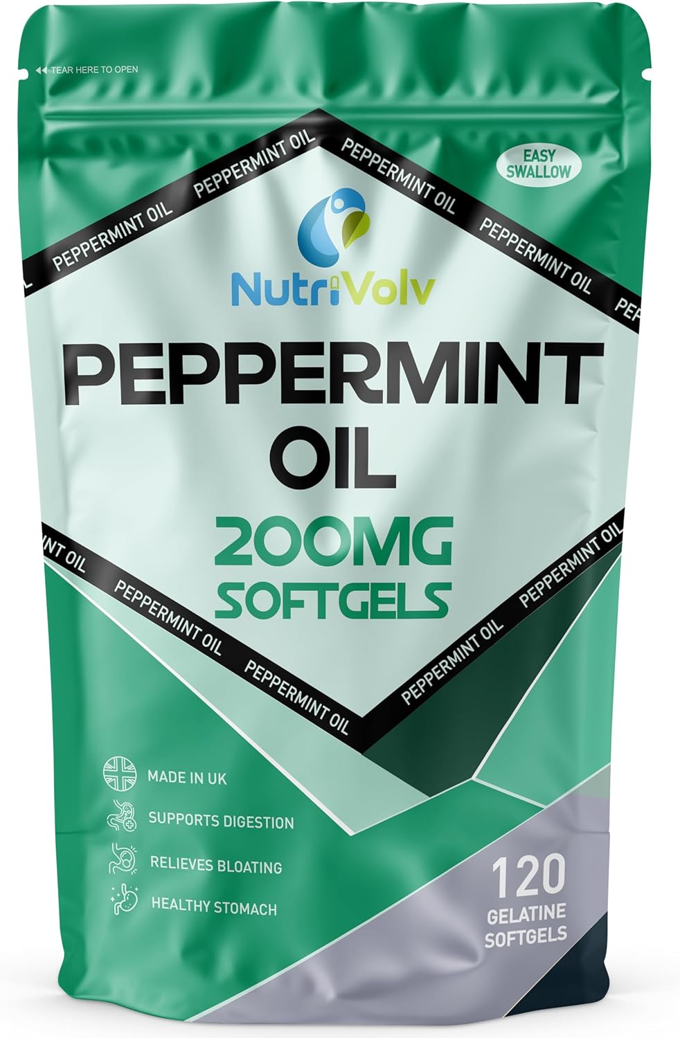 Nutrivolv Peppermint Oil 200mg | 120 Softgels | Fast Stomach & Bowel Relief | Healthy Digestion Support | Natural Peppermint Oil | Gelatine Capsules for Bloating, IBS, Gas, Nausea & Indigestion