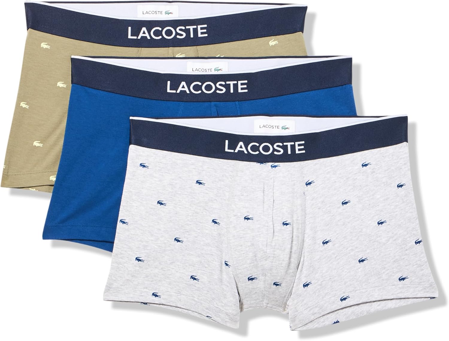 Lacoste Men's Cotton Stretch Mini Croc Print Trunks, 3-Pack, Khaki Green/Grey/Blue, Medium