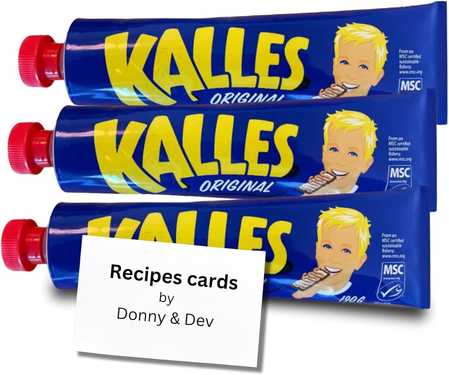 Swedish Food Bundle which includes Kalles Kaviar Original Swedish Fish Creamed Smoke Cod Roe Spread good either in Sandwiches with Chesse or Slices of Boiled Eggs 3x190g & Donny & Dev Recipe Cards