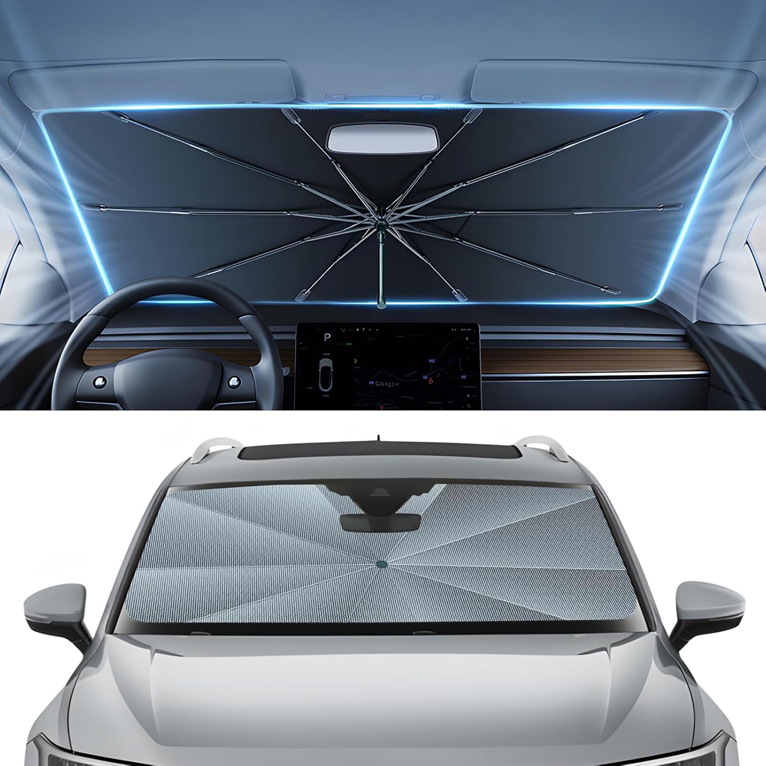 Autorder Windshield Sun Shade Umbrella for 2018-2024 Volkswagen VW Tiguan Accessories,Upgraded Ice Crystal Material,Easy Setup Umbrella Sunshade for Car Windshield,100% Sun Blocking