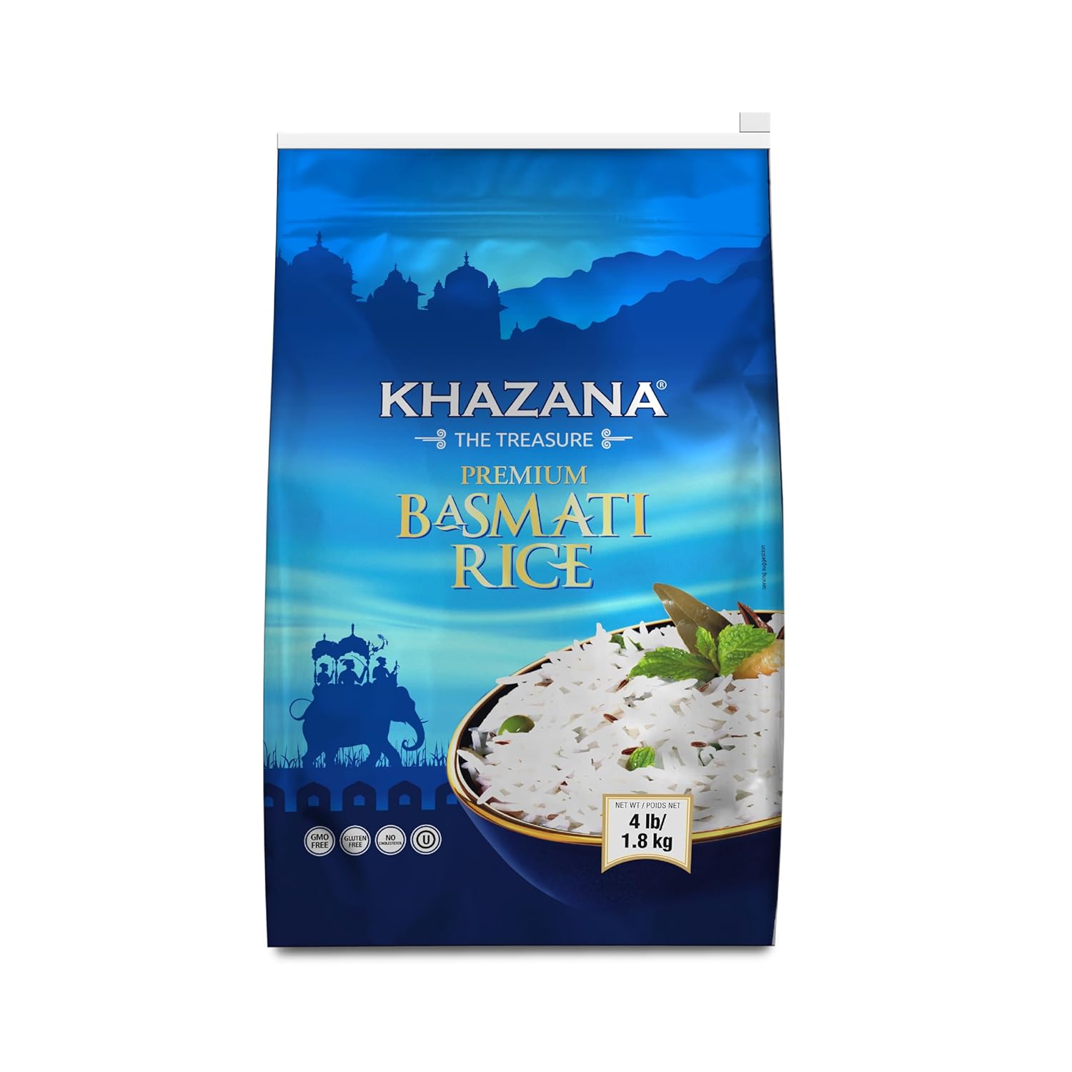 Khazana Authentic Premium Basmati Rice - 4lb Resealable Zipper Bag | Non-GMO, Gluten-Free, Kosher & Cholesterol-Free | Aromatic & Flavorful Grain From India
