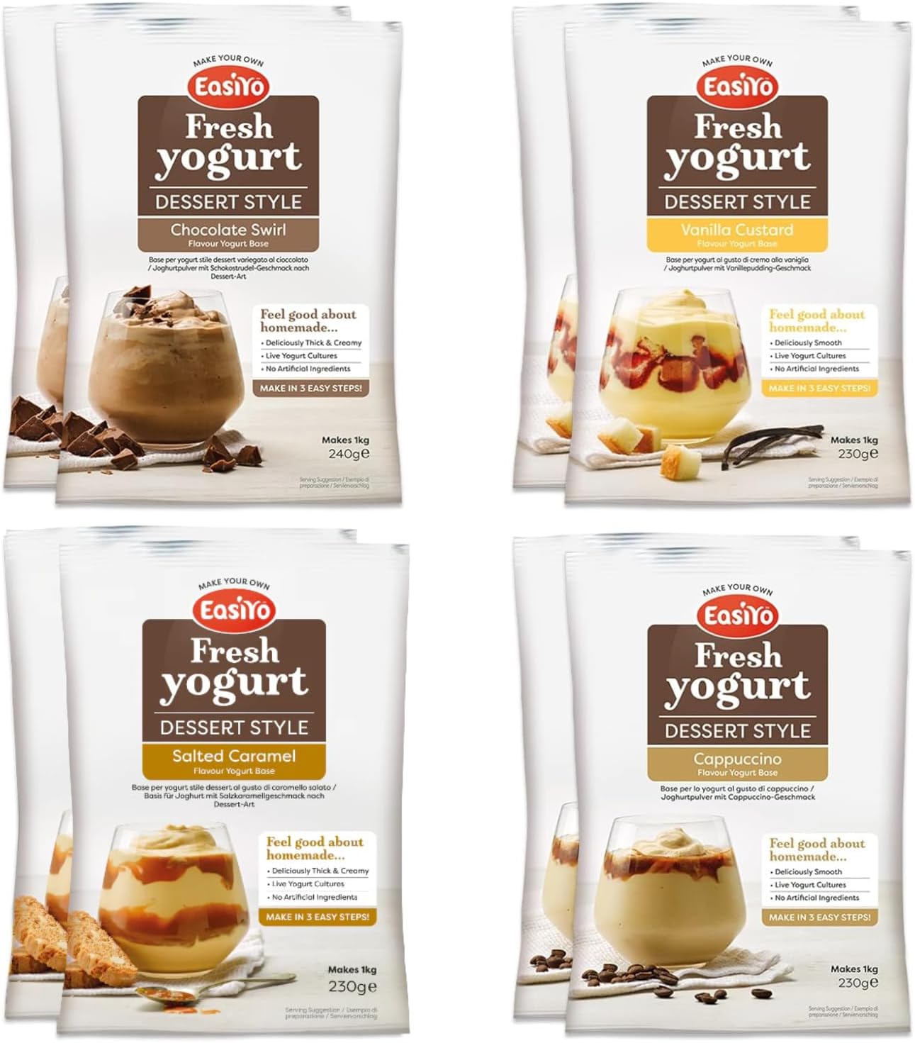 EasiYo Yogurt 8 Sachet Pack | EasiYo Dessert Mixed Pack | 2 x Chocolate Swirl 2 x Vanilla Custard 2 x Salted Caramel 2 x Cappuccino | Each Sachet Makes 1kg of Yogurt