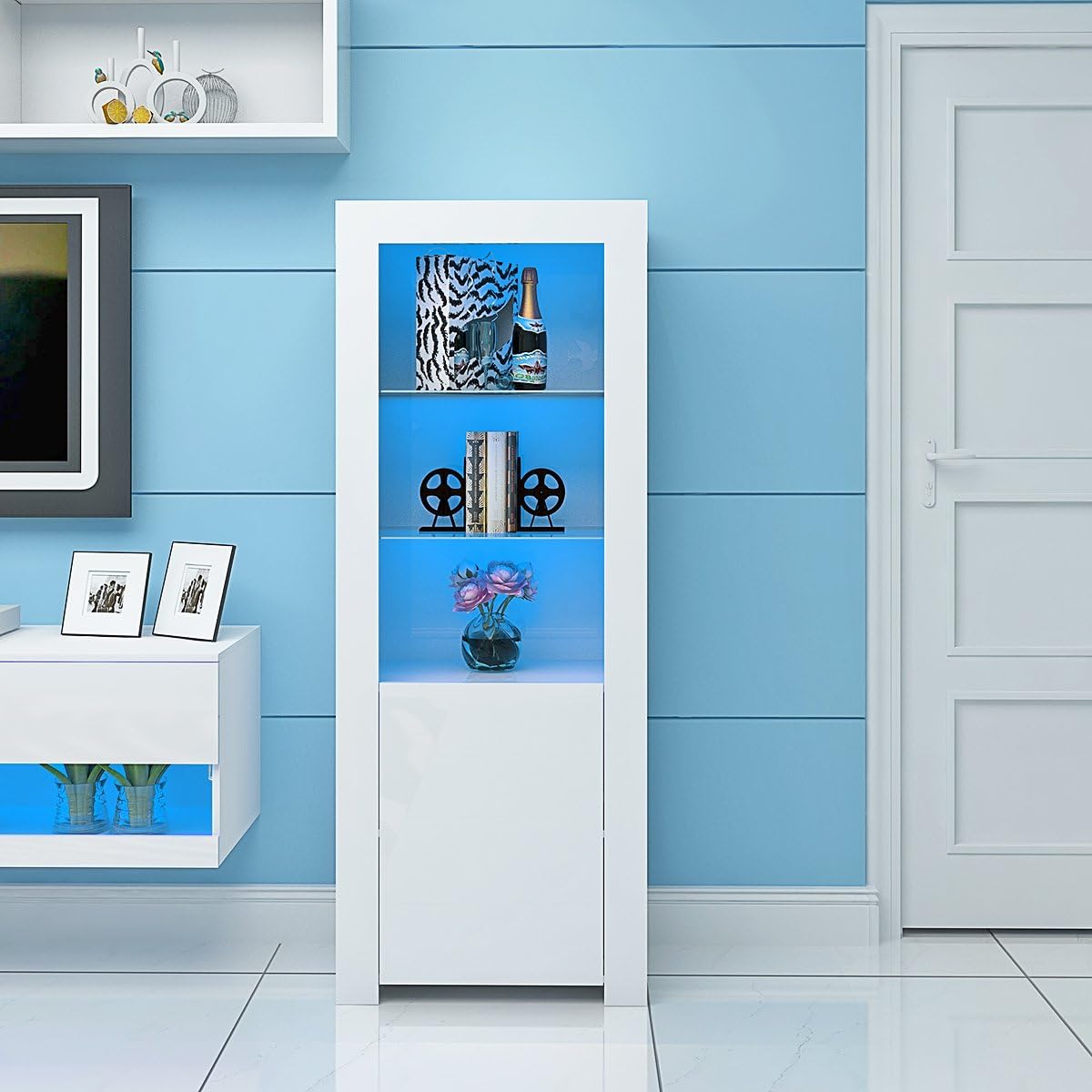 Panana High Gloss Tall Display Cabinet Wood Cupboard Sideboard Free Standing Storage Unit with Glass Shelves Door Blue LED Lights Living Room White (White)