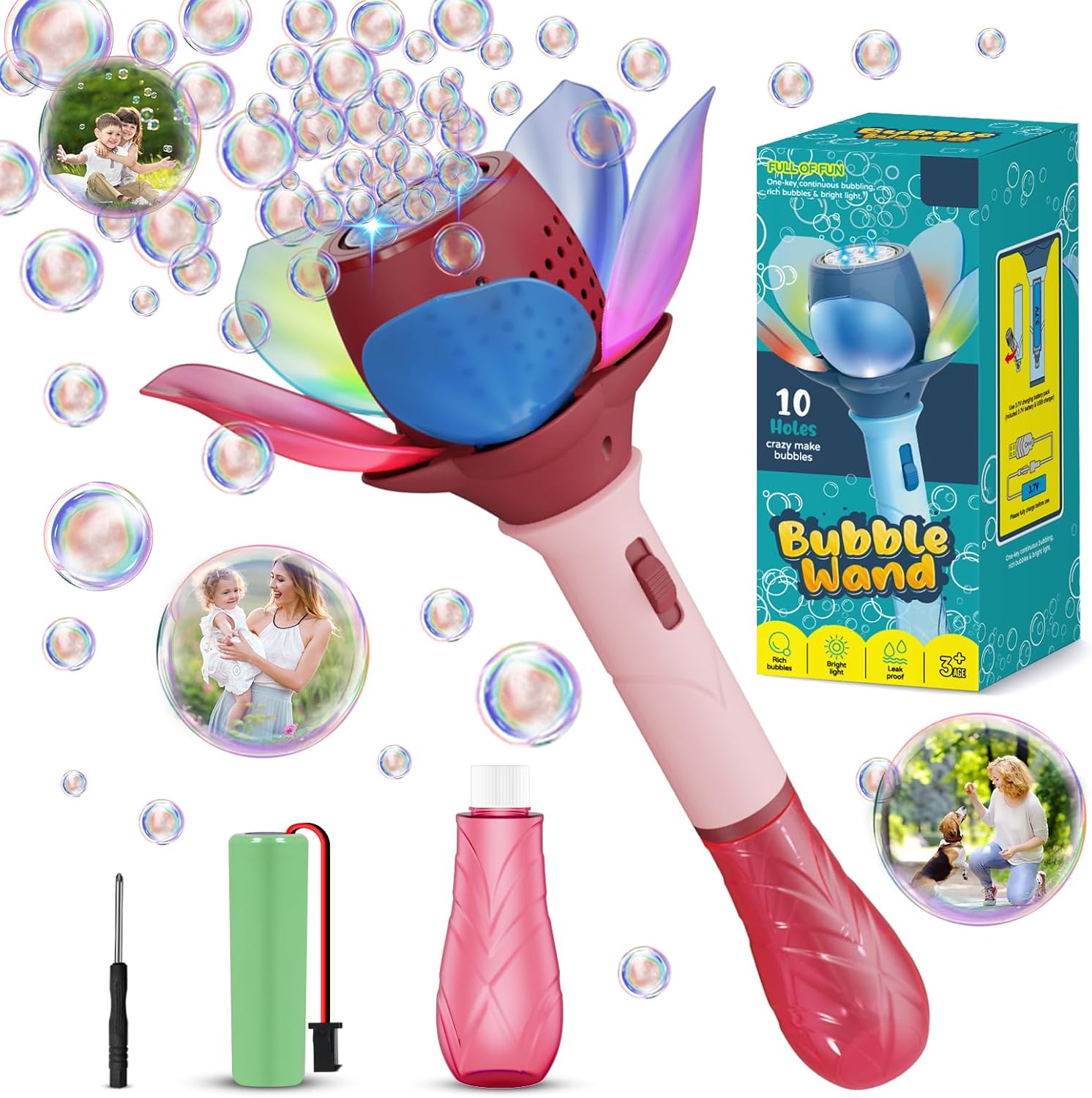 Electric Bubble Wand for Kids Lotus Bubble Machine for Children,10000+ Bubbles, with Bubble Solution/Rechargeable Battery/Led Automatic Bubble Blowing Machine Toy for Outdoor/Party/Wedding