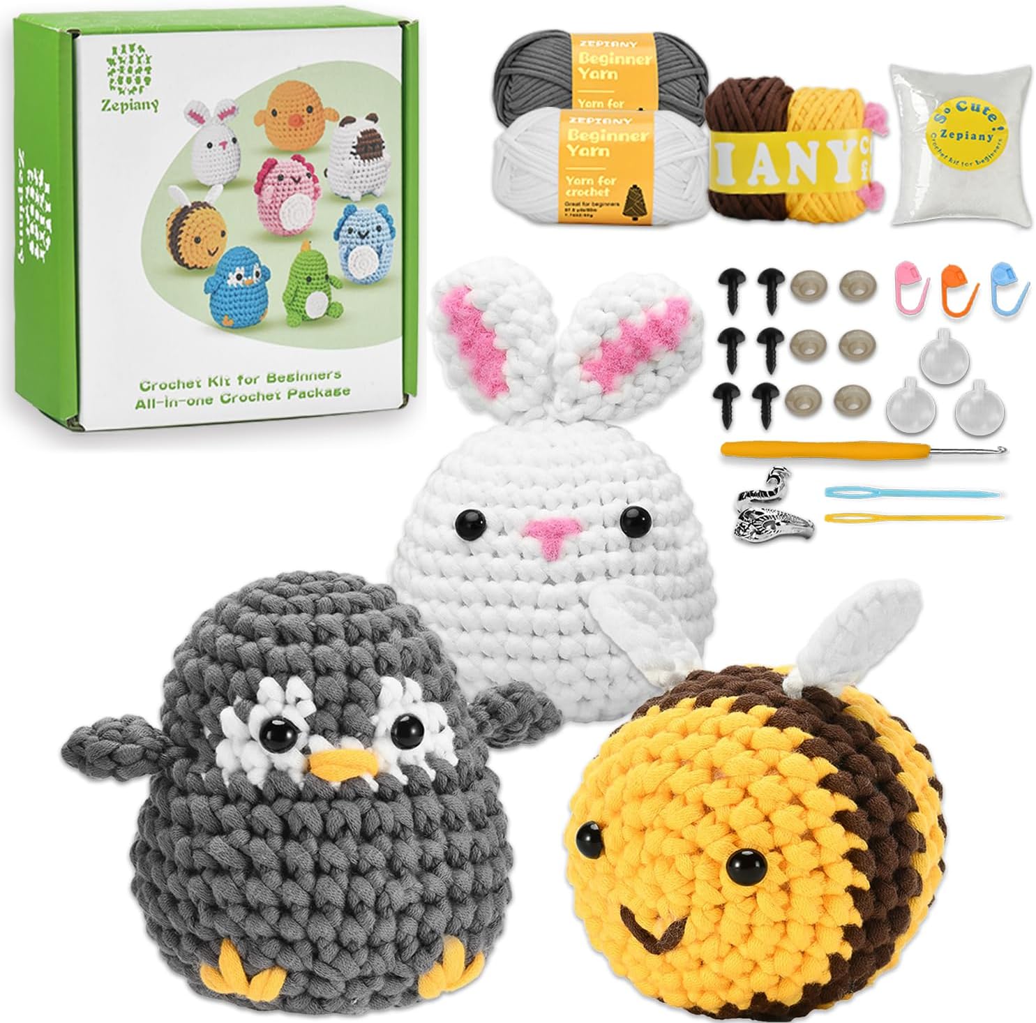 Crochet Kit for Beginners,Amigurumi Crochet Animal Kit,Crochet Starter Kit Step-by-Step Video Tutorials,Beginner Crochet Kit for Adults,Fuppys Crocheting Kit-Penguin-Bee-Bunny