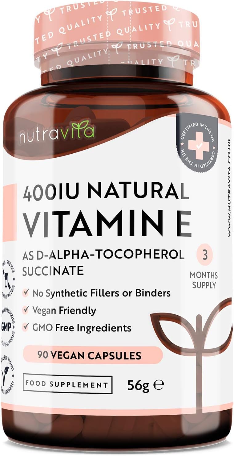Vitamin E 400IU D-Alpha Tocopherol – 100% Natural Vitamin E – 90 Vegan Capsules – Highly Absorbable – 3 Month Supply – Protects Cells from Oxidative Stress – Made in The UK by Nutravita