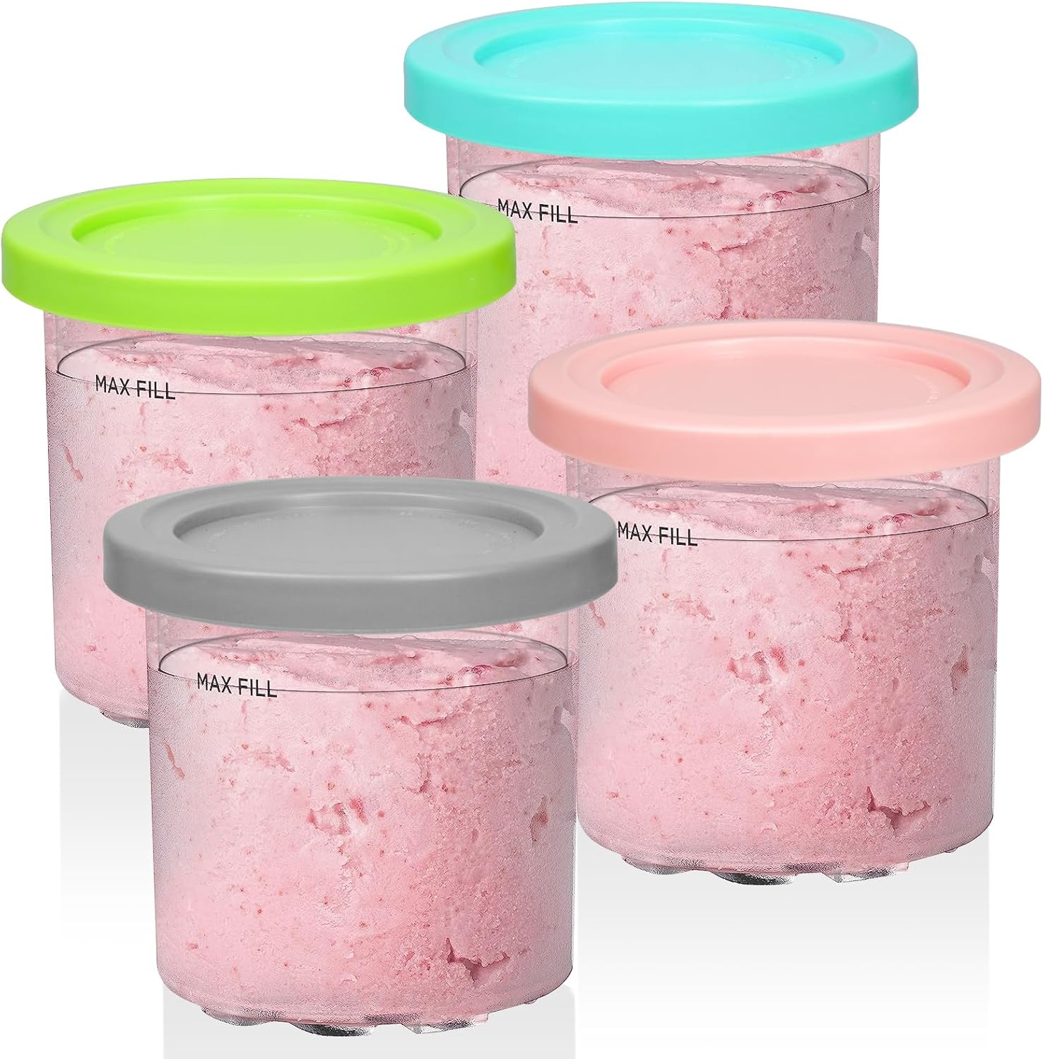 YQL 4-Pack 16oz Ice Cream Containers with Lids for Ninja Ice Cream Maker NC300UK, Clear Dessert Tubs 450ml Dishwasher Safe (Grey, Pink, Blue, Green)