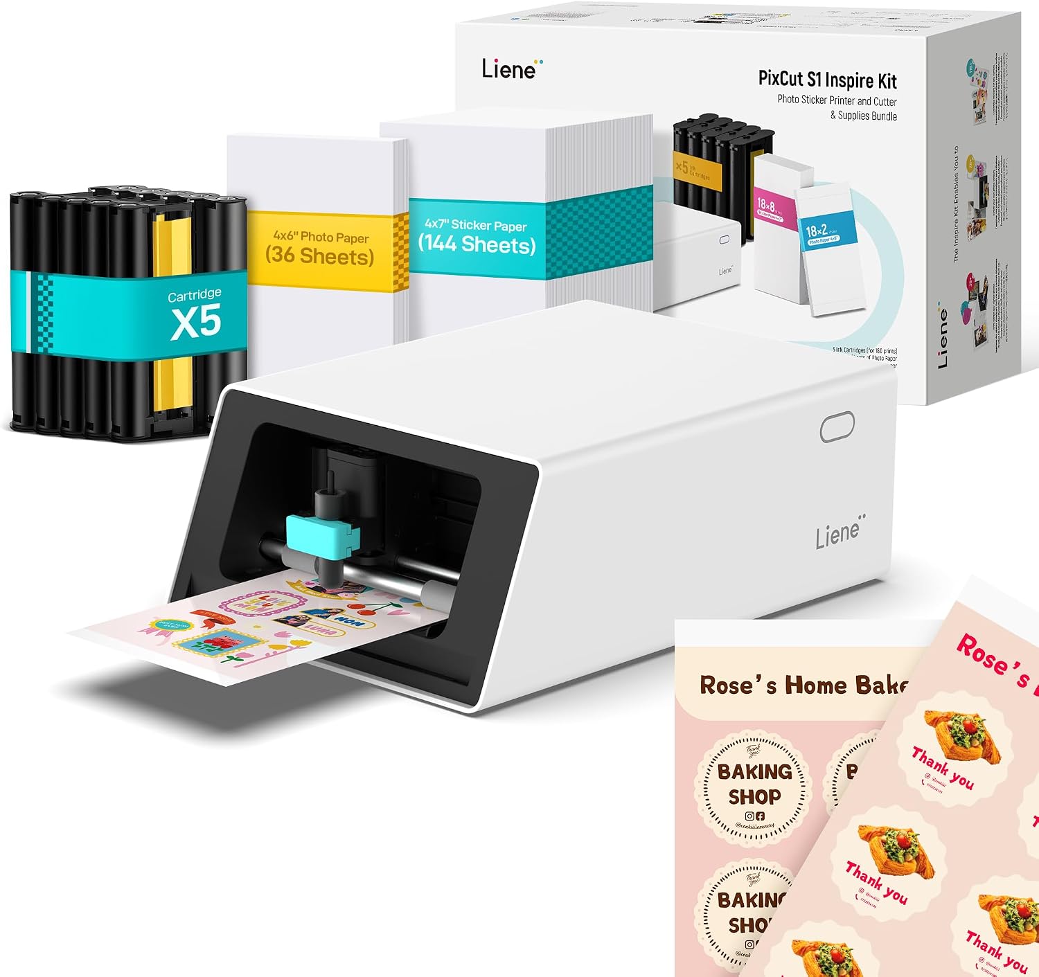 Liene PixCut S1 Inspire Kit - All-in-One Color Sticker Printer & Cutting Machine, Thermal Dye-Sublimation Photo Printer, 300 DPI, Color Label Maker with 180 Sheets (36 Photo + 144 Sticker Paper)