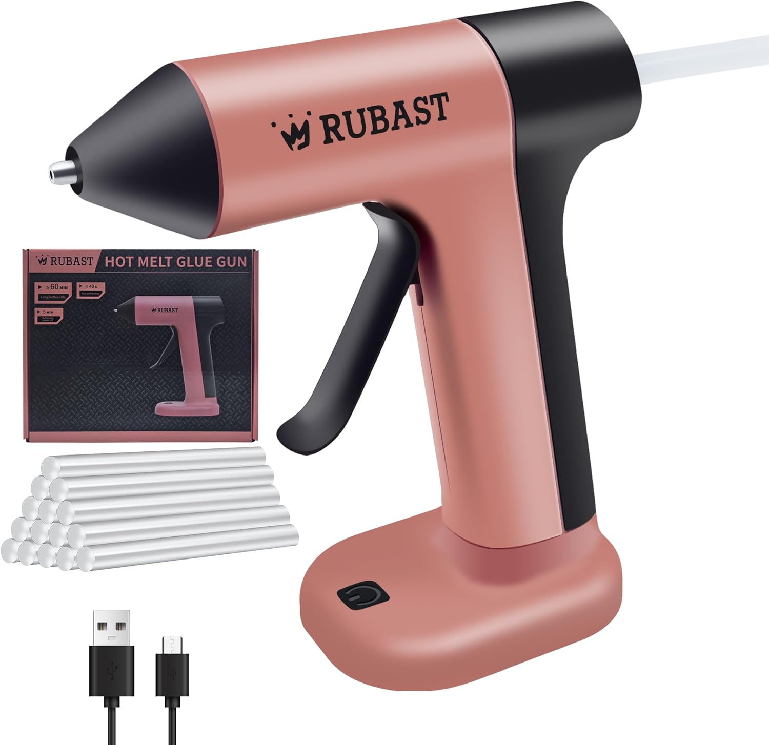 RUBAST 4V Glue Gun, Hot Glue Gun Cordless with Rapid 30s Preheat, Auto Shut-Off, Anti-drip Nozzle, and 20 Premium Glue Sticks, 2000mAh Type-C Rechargeable, Mini Glue Gun for Crafting