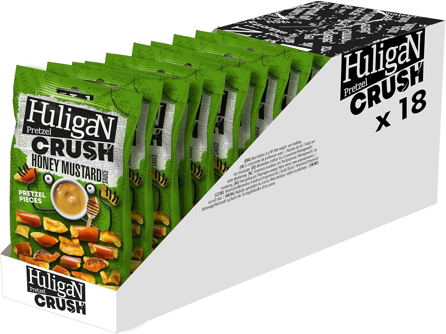 Huligan Honey-Mustard Pretzels Pack of 18 x 65G - Baked Pretzel Thins Savoury Snacks Bulk Healthy Vegetarian Snack Box Crisps Multipack