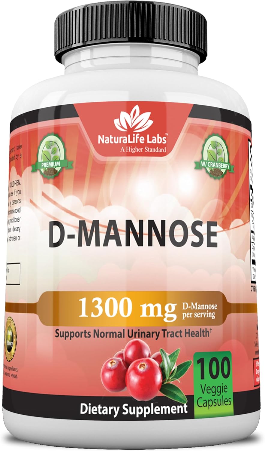 NaturaLife Labs A Higher Standard Organic D-Mannose 1,300 mg with Cranberry Extract Fast-Acting, Flush Impurities, Urinary Tract Health- 100 Veggie Capsules
