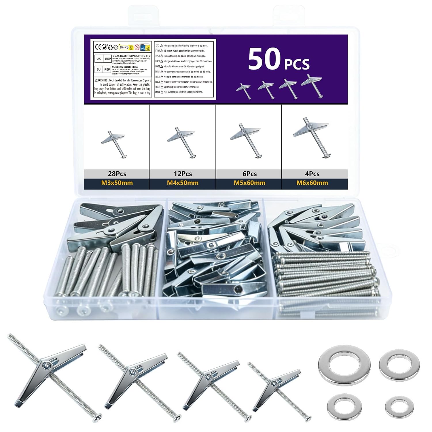 50 Pcs Plasterboard Fixings Heavy Duty, Toggle Bolts, Hollow Wall Fixings | Wall Plugs, Wing Spring Toggle Fixings, Drywall Anchors with Screws for Plaster Board Cavity Walls