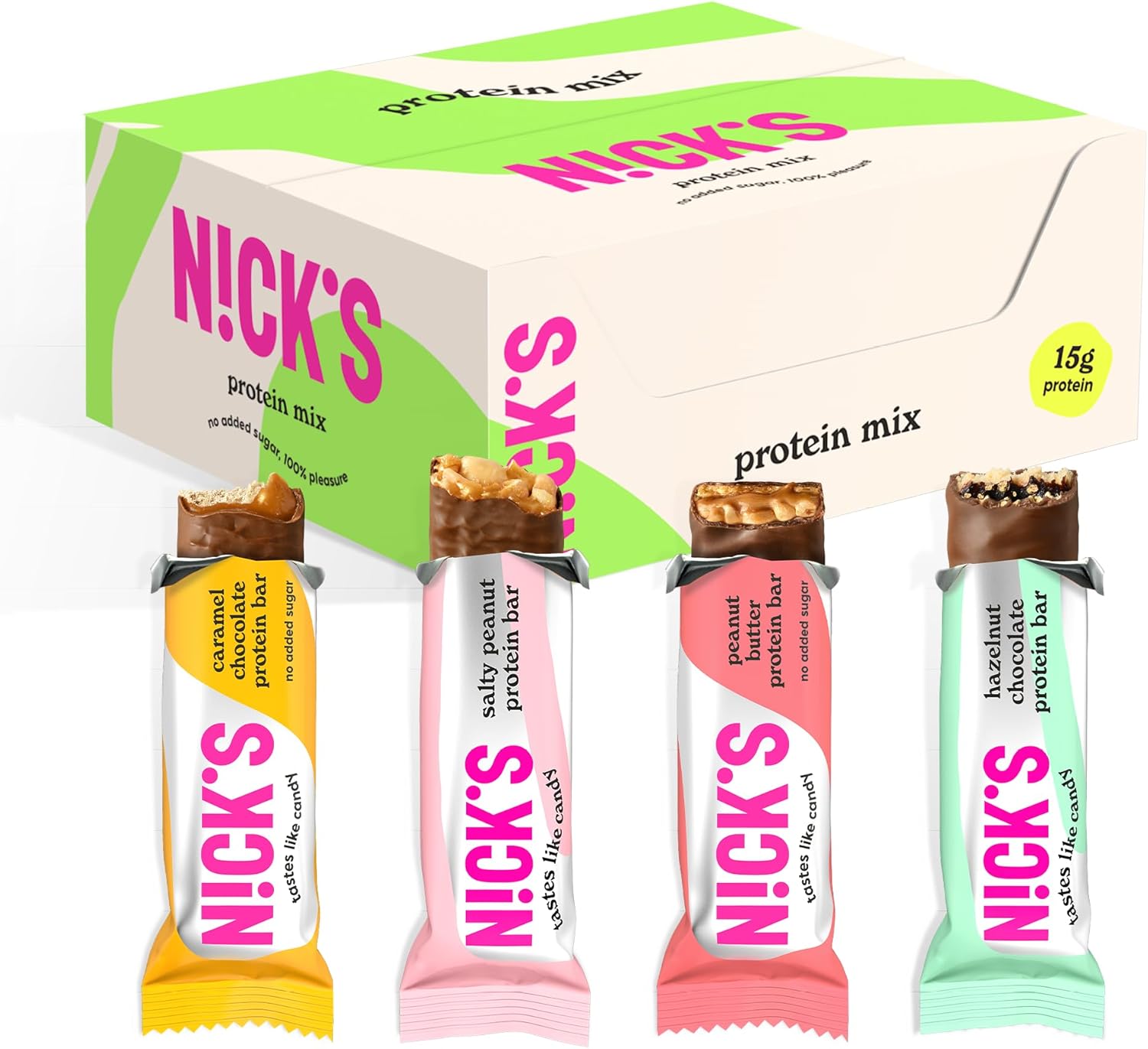 NICKS Protein Bar Mix Box, Keto Snack Bars 4g Net Carbs, 15g Protein, 5g Collagen No Added Sugar Gluten Free Low Carb Snacks (9x50g)
