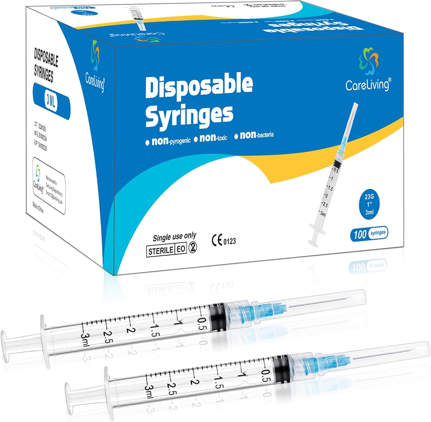 CareLiving 100 Pack 3ml Syringes 23G, 1.0 inch Needle Luer Lock Syringe Individually Packaged (3ml, 100)