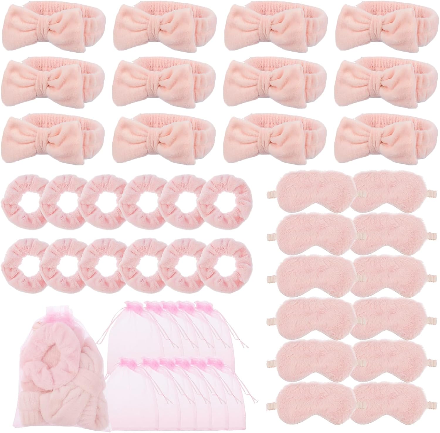 48 Set Girls' Spa Sleepover Party Supplies - 12 Pink Headbands, Sleep Eye Masks, Velvet Hair Scrunchies & Organizer Bags