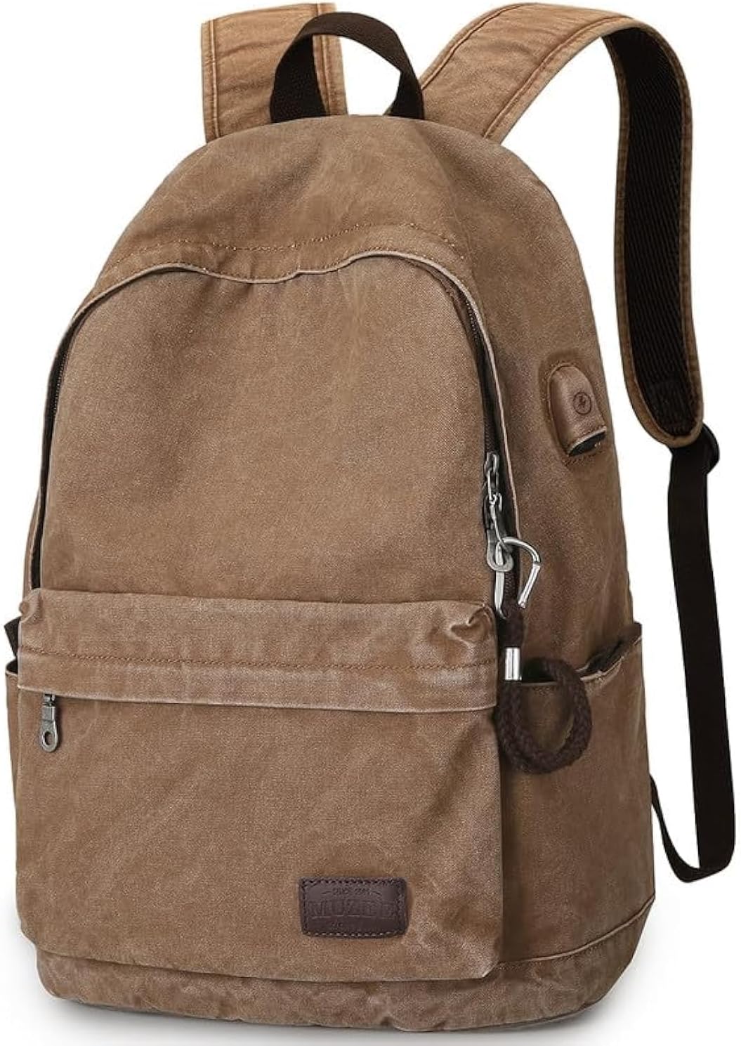 Muzee Canvas Backpack with USB Charging Port for Men Women, Lightweight Anti-Theft Travel Daypack College Student Rucksack Backpack Fits up to 15.6 inch Laptop Backpack,Khaki