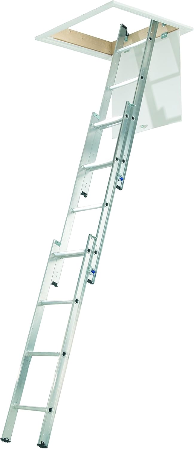 Abru 37000 3 Section Compact Aluminium Loft Ladder, Comfort D-Shaped Rungs, Inc. Stowing Pole, 150kg Load Capacity, Safety Certification EN14975, 5 Year Guarantee