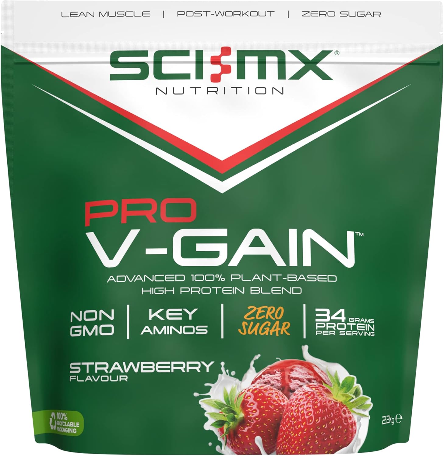 SCI-MX Pro-V Gain - 100% Vegan Strawberry Flavour Soy Protein Powder Isolate + B12 + Magnesium - Muscle Growth & Maintenance - Sugar Free, Non-GMO - 2.2KG (49 servings) 34g of protein per serving