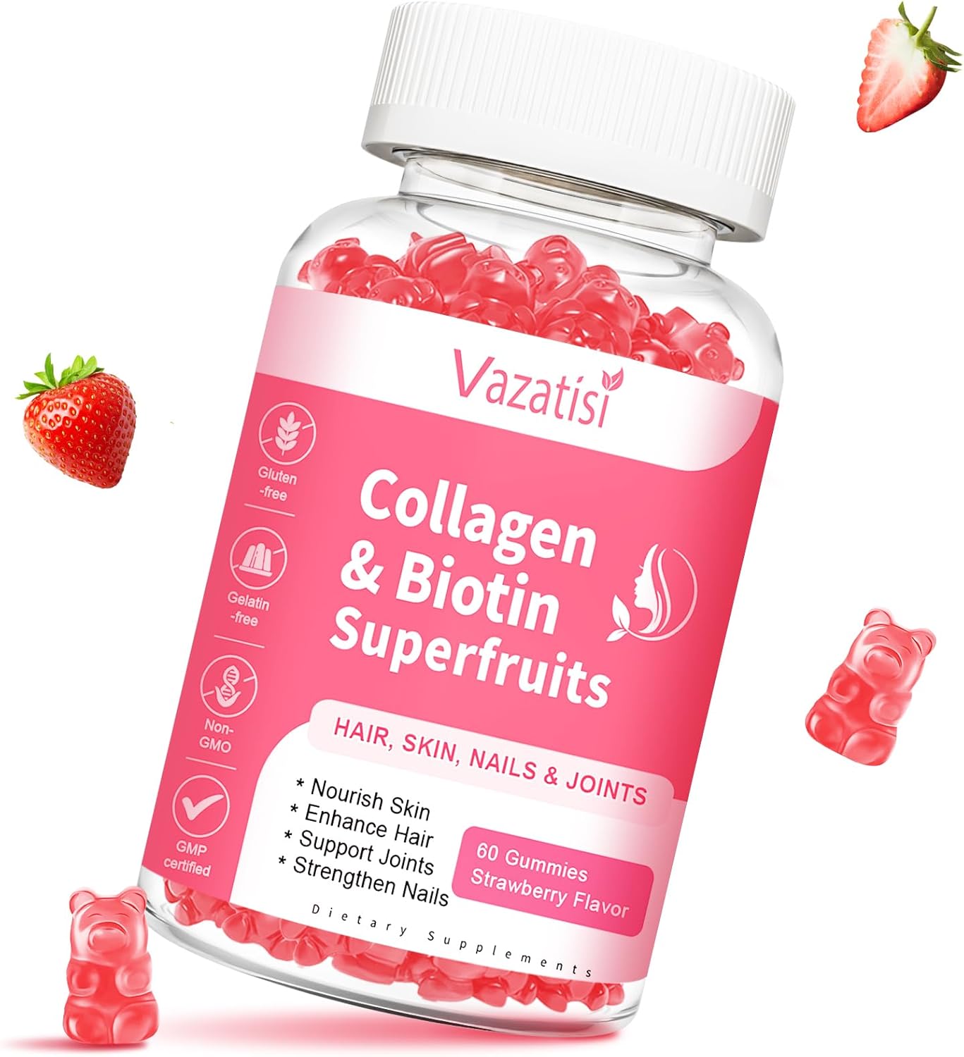 Sugar Free Collagen Gummies for Women Men, Multi Collagen Peptides Gummies Type I II III V X with Biotin Vitamin A B C D E for Hair Skin Nails, Strawberry Flavor, 60 Count