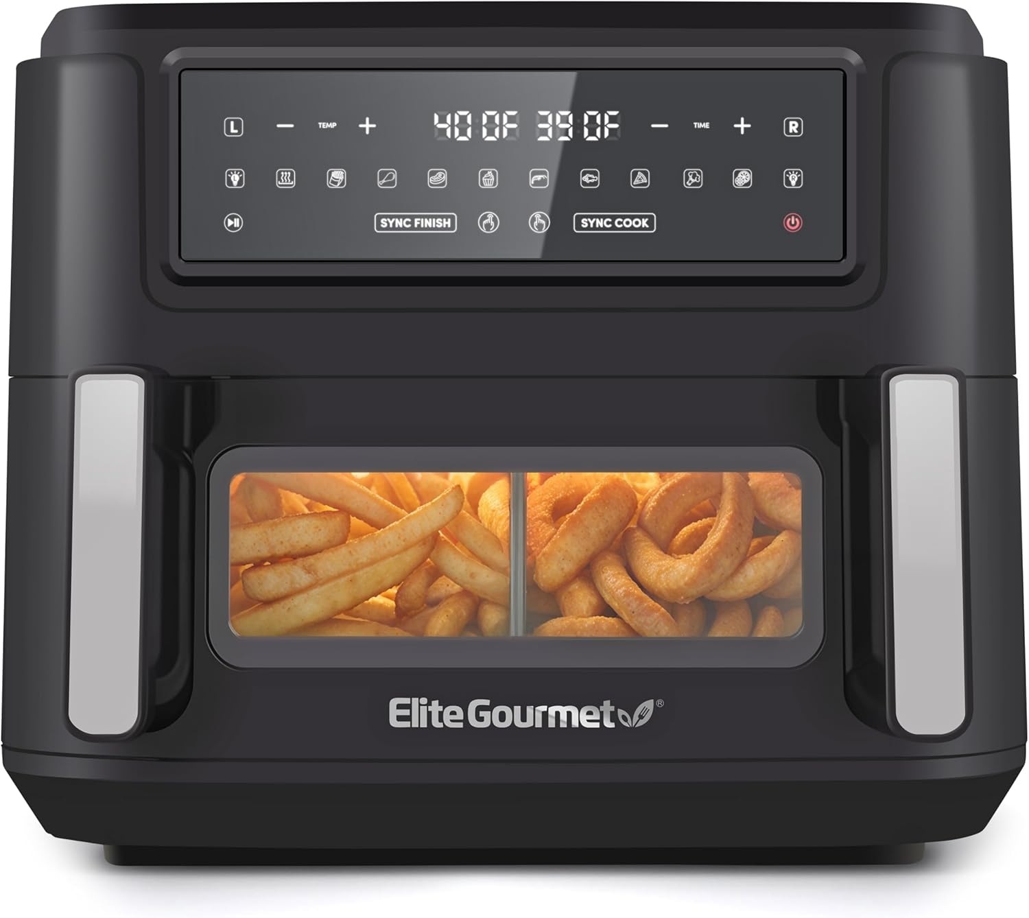 Elite Gourmet EAF1055D Dual Zone Air Fryer Oven, 11QT. Capacity with Divider, Sync Finish, Dishwasher Safe Basket, 10 Preset Functions, 1600-Watts, with Recipe Booklet, Black
