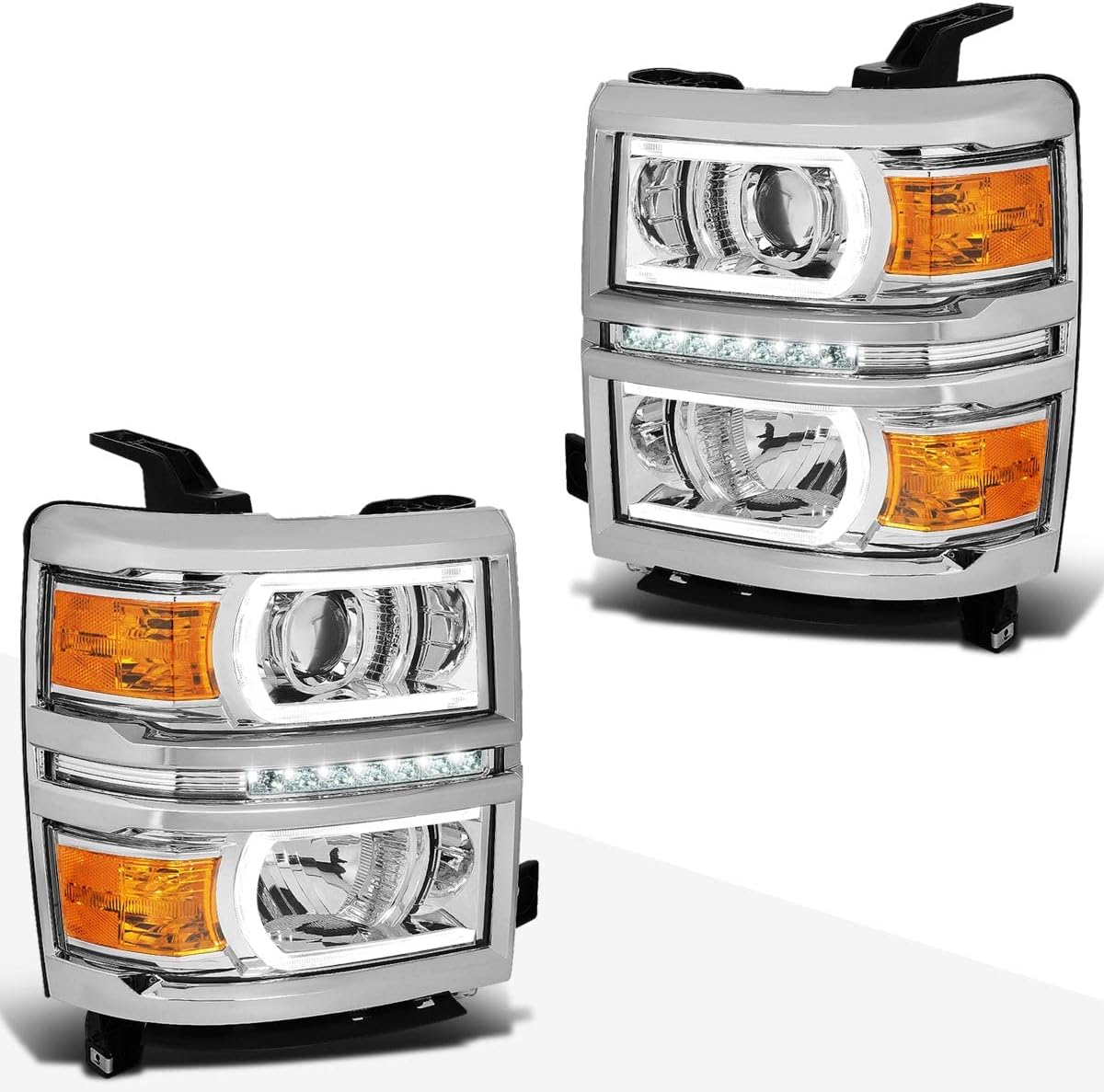 PM PERFORMOTOR PMHL-SIL1500-1415-LB-L-P-CA Chrome Housing amber Corner C-Shape LED Light Projector Headlights Compatible with 14-15 Chevy Silverado 1500