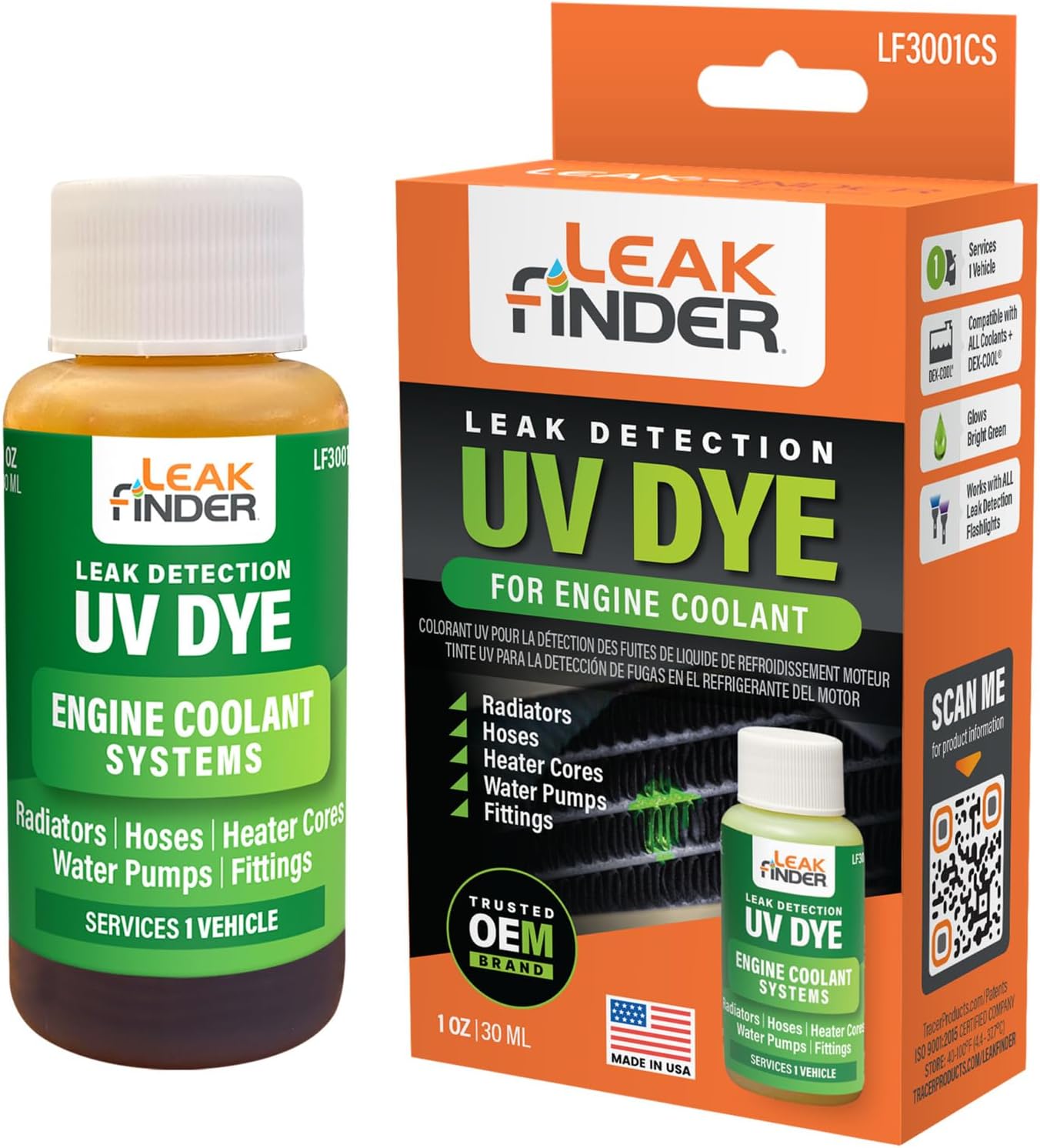 LEAKFINDER LF3001CS Automotive Engine Coolant Leak Detection Dye, Services Radiators, Hoses, Heater Cores, Water Pumps, 1oz Ultraviolet Fluorescent Dye Bottle, Made in USA