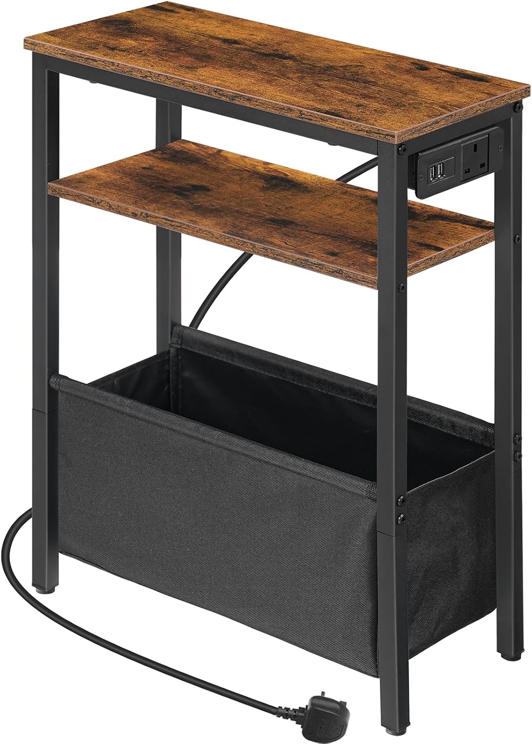 HOOBRO Narrow Side Table, Slim Side Table with Charging Station, USB Ports and Power Outlet, Bedside Table for Small Space, 40 x 20 x 60 cm, for Living Room, Rustic Brown and Black EBF125KBZ01