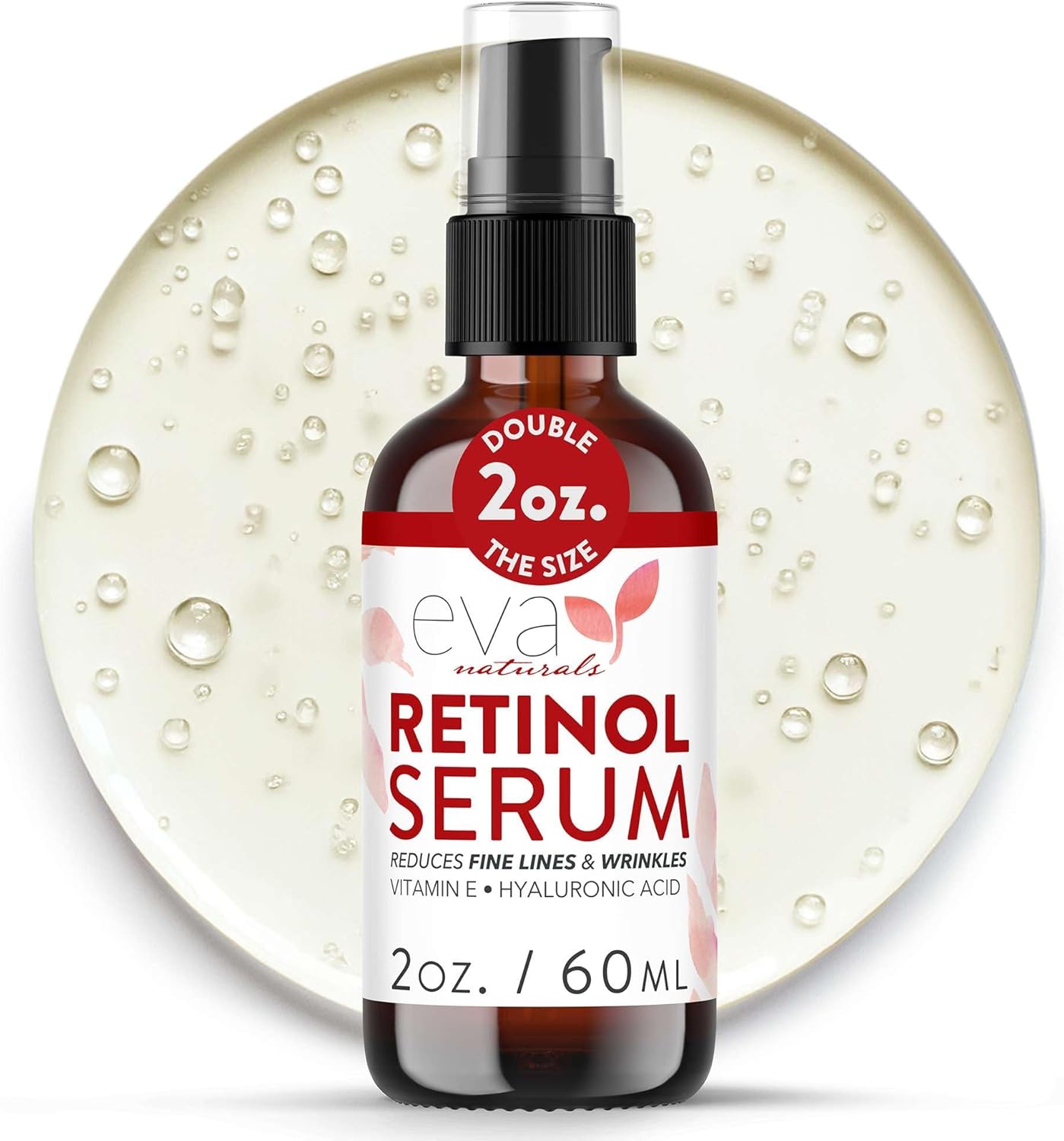 Retinol Serum 2.5% by Eva Naturals (60 ml, Double-Sized Bottle) - Best Anti-Aging Serum, Minimizes Wrinkles, Helps Prevent Sun Damage, and Fades Dark Spots - Vitamin A Retinol with Hyaluronic Acid