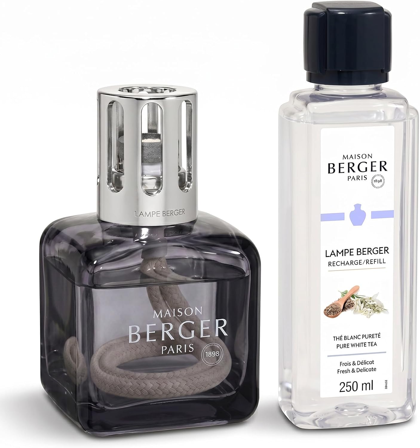 MAISON BERGER Ice Cube Lampe Berger Gift Set, Grey, Pure White Tea | Lacquered Glass Catalytic Lamp Set, 250 ml Pure White Tea Refill, Helps Neutralize Odors then Perfumes, Made in France