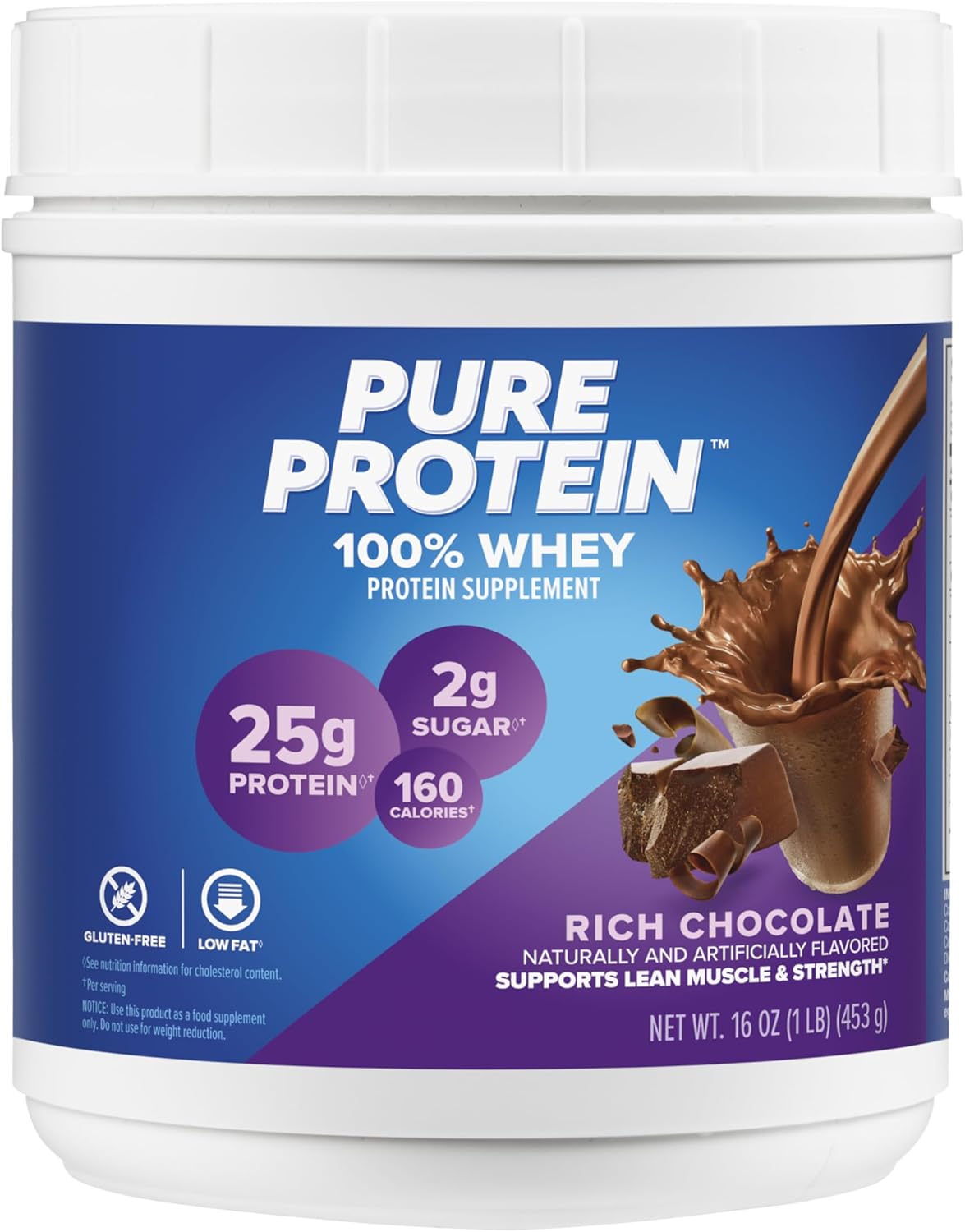 Pure Protein Powder, Whey, High Protein, Low Sugar, Gluten Free, Rich Chocolate, 1 lb