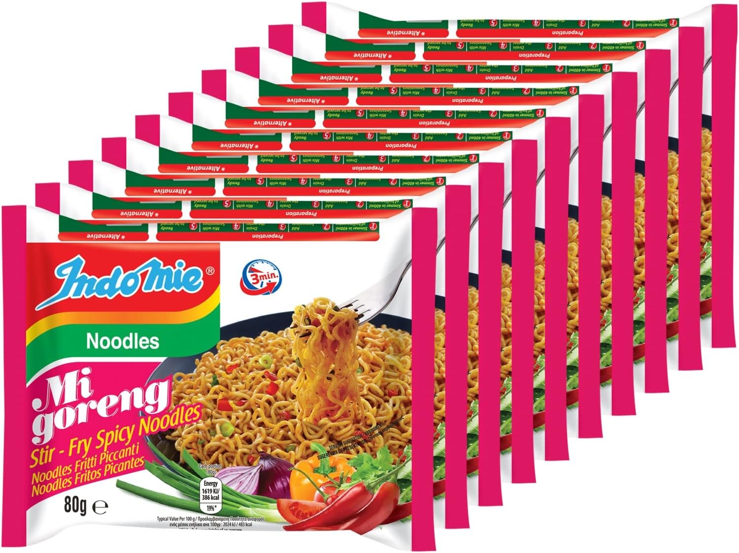 Indomie Instant Fried Noodles Hot & Spicy (Pack of 10)