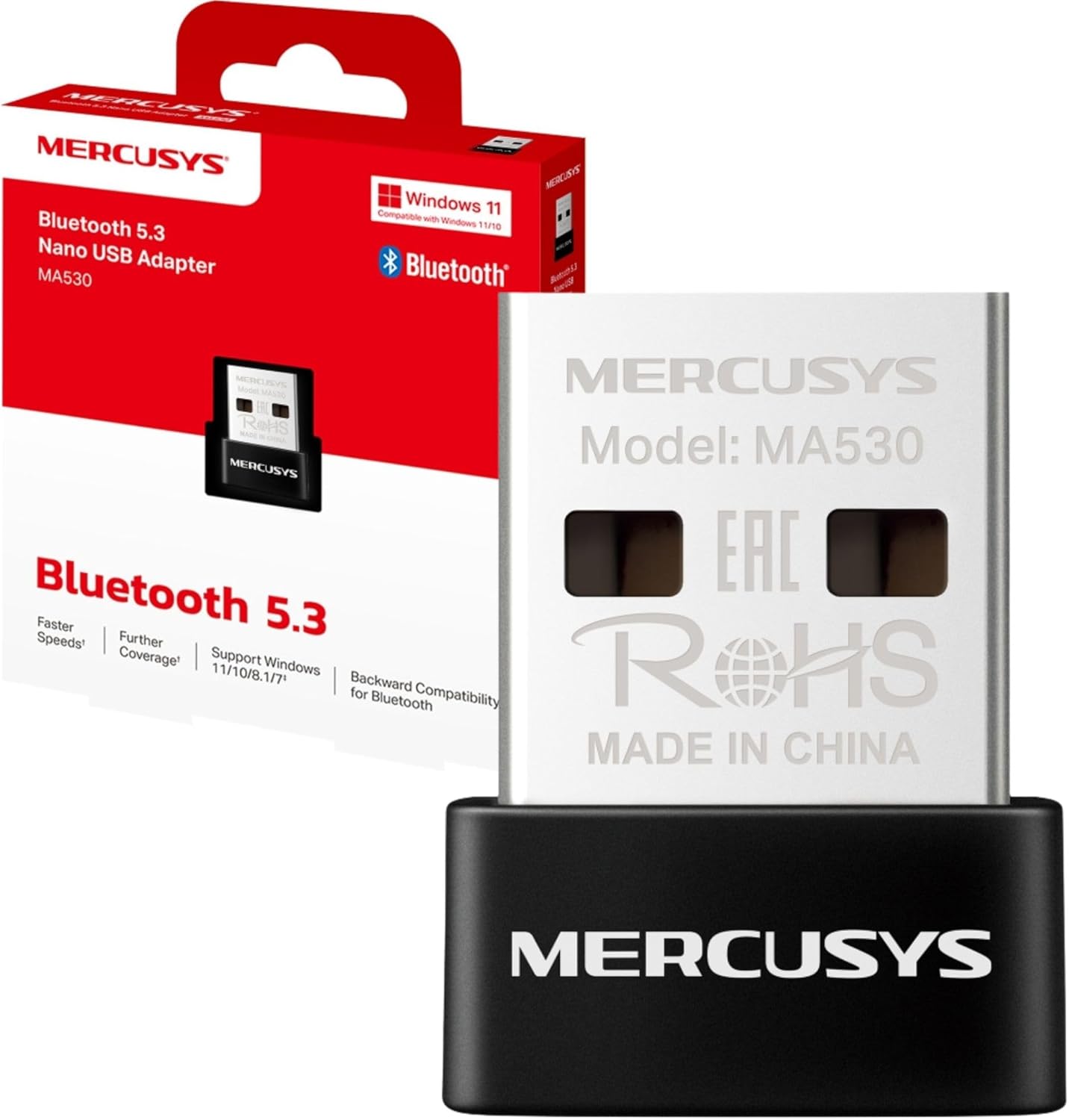 MERCUSYS MA530 Bluetooth 5.3 Adapter for PC, USB Bluetooth Dongle Nano Receiver, BLE Technology, Long Range, Plug & Play, Support Windows 11-10-8.1-8-7